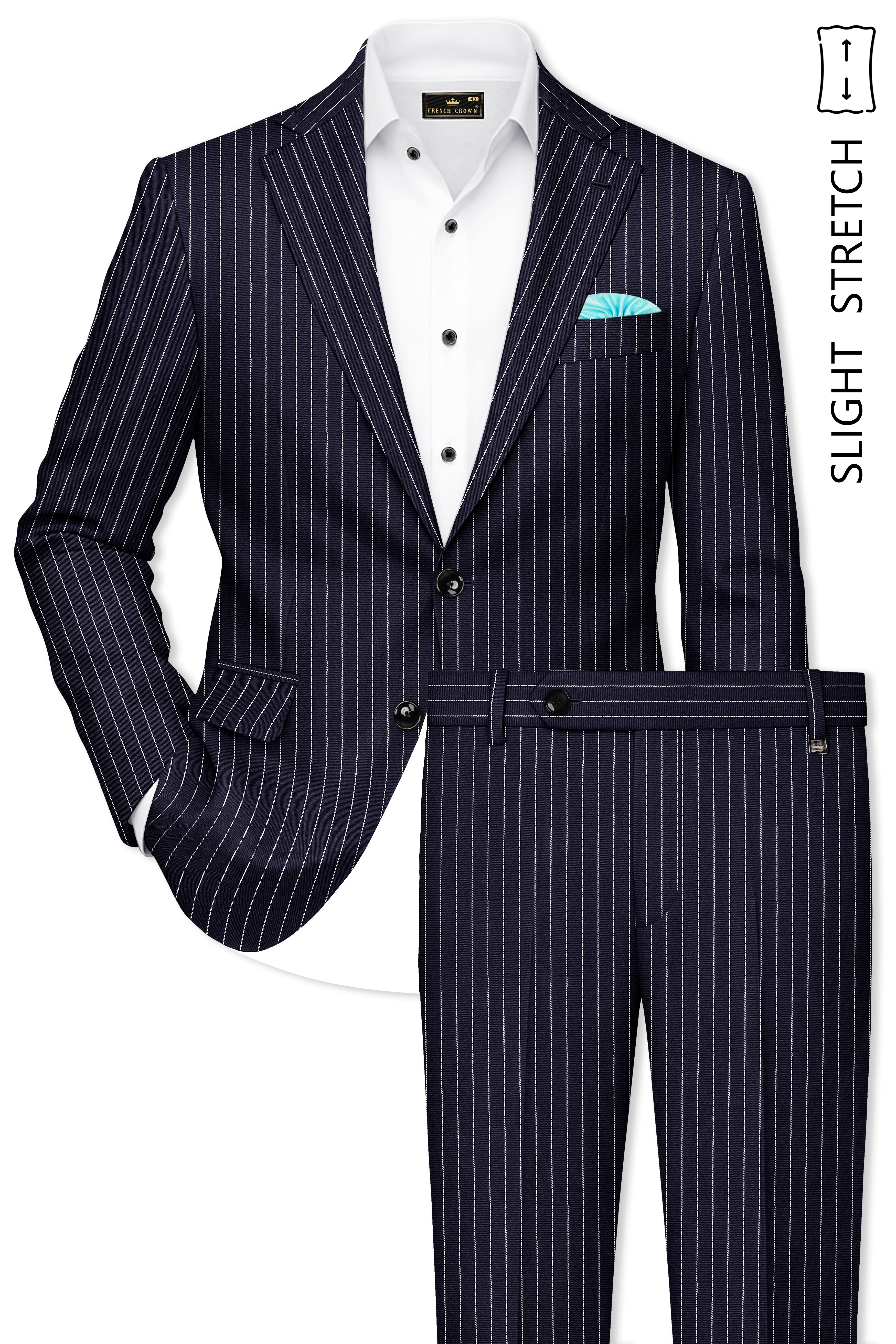 Aurelius-Cinder Blue Bright White Chalk Striped Wool Rich Slight Stretch Single Breasted Suit