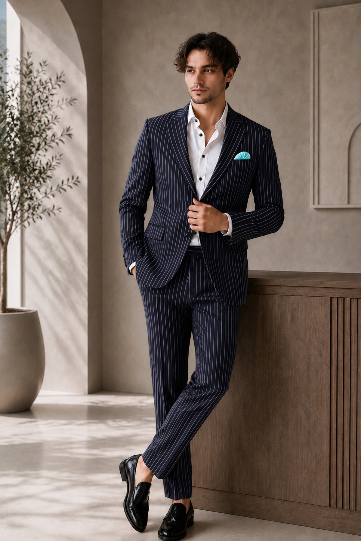 Aurelius-Cinder Blue Bright White Chalk Striped Wool Rich Slight Stretch Single Breasted Suit