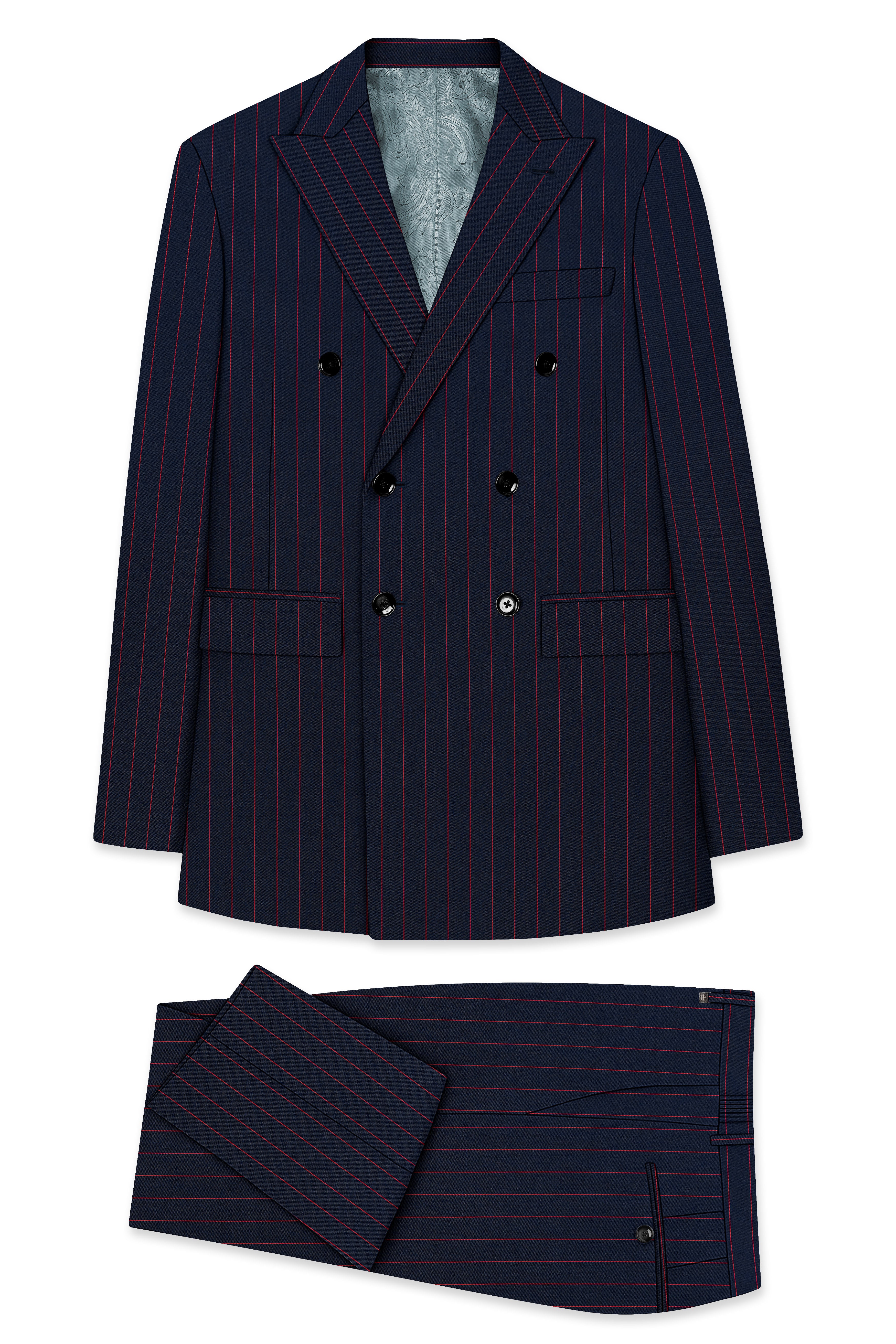 Striata-Haiti Blue And Brick Pink Chalk Striped Wool Rich Slight Stretch Double Breasted Suit