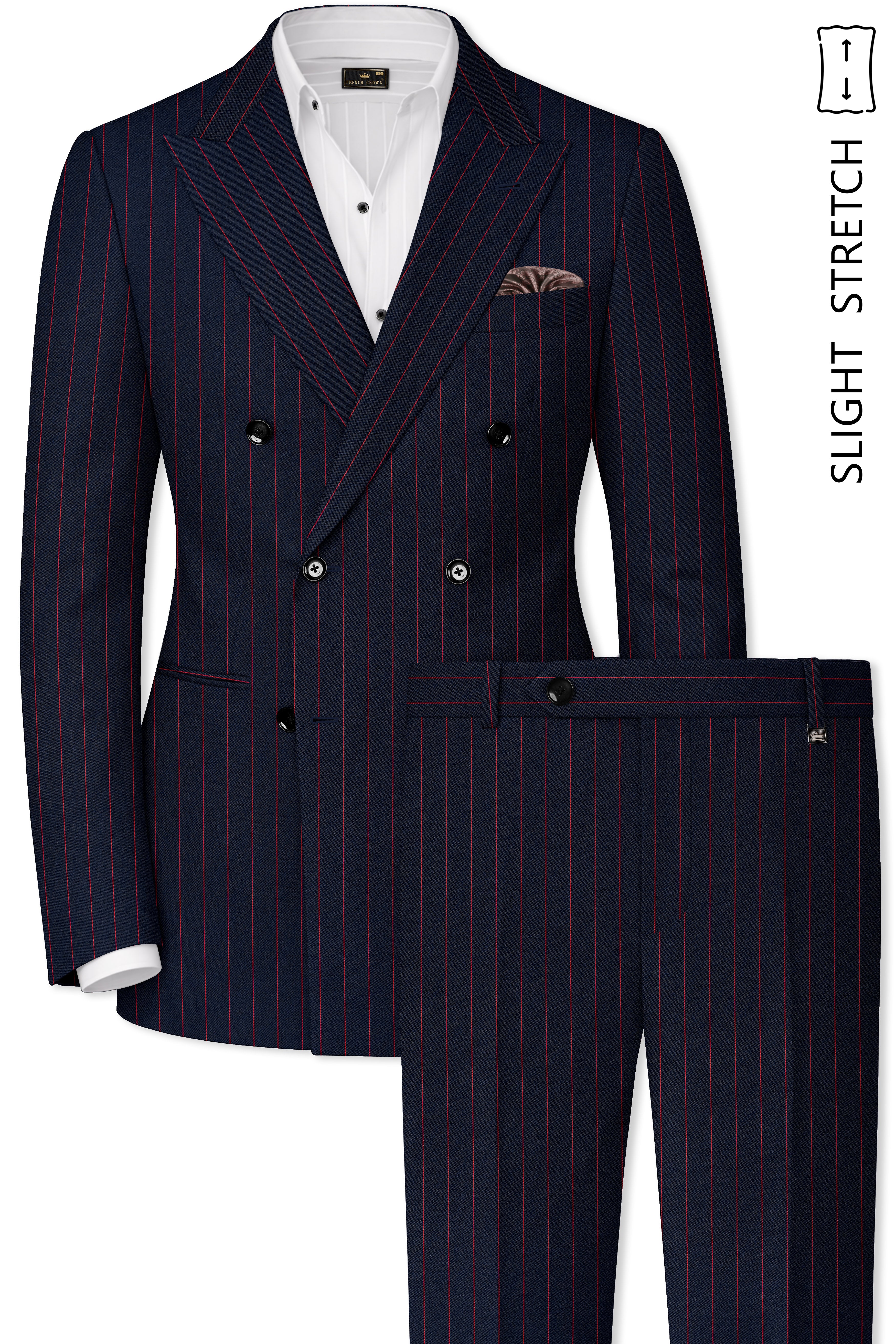 Striata-Haiti Blue And Brick Pink Chalk Striped Wool Rich Slight Stretch Double Breasted Suit