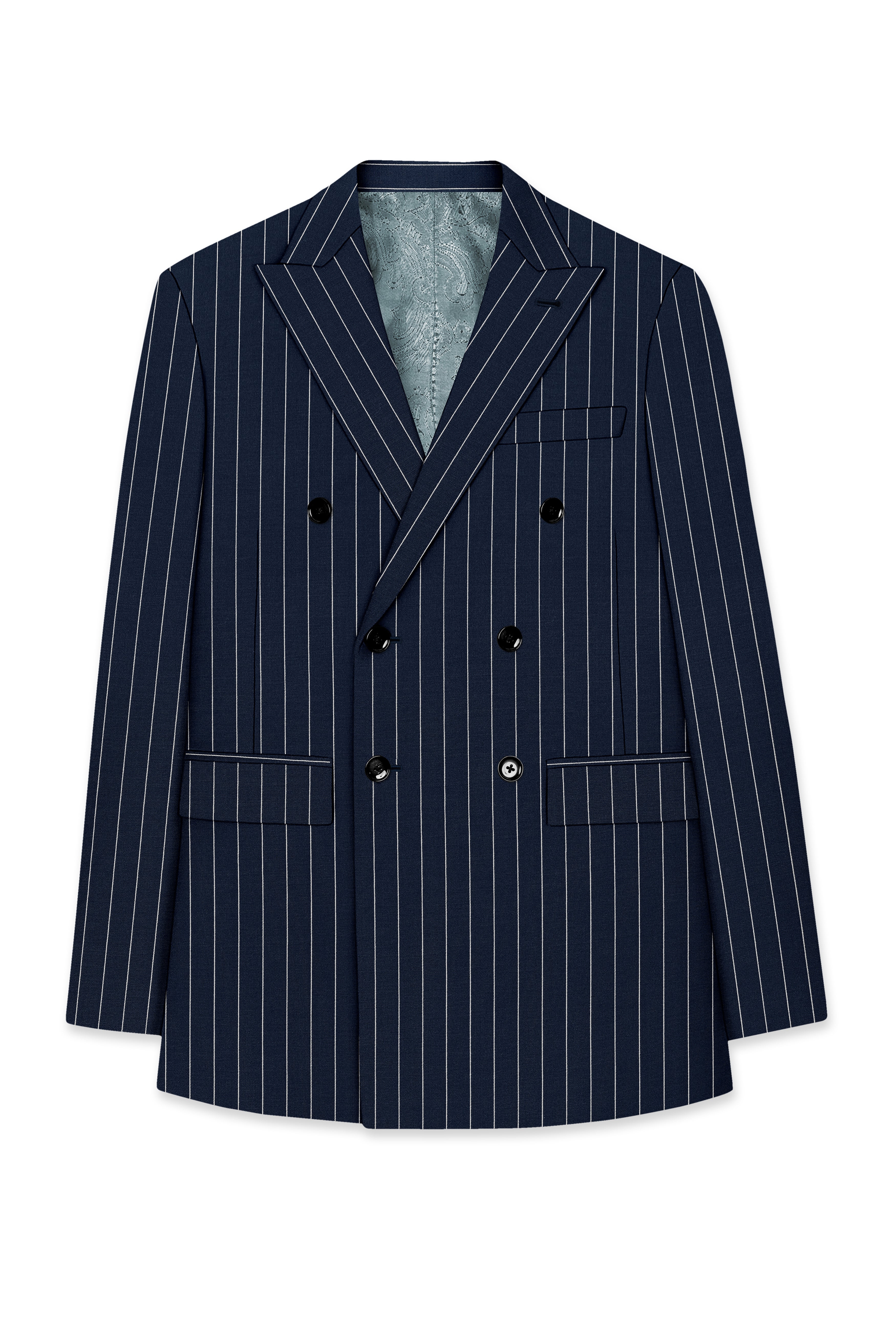 Azureon-Firefly Blue And Bright White Chalk Striped Wool Rich Slight Stretch Double Breasted Suit