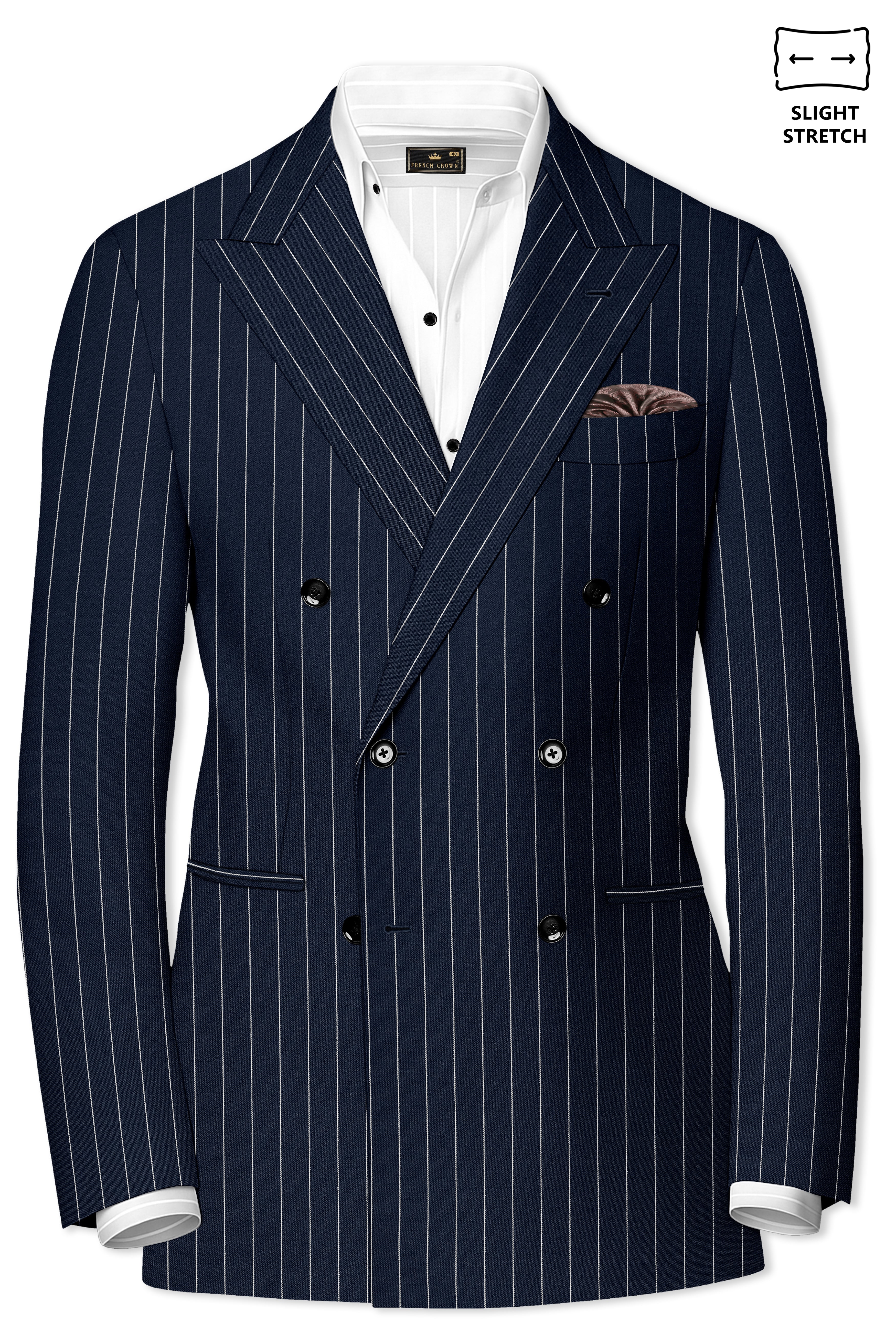 Azureon-Firefly Blue And Bright White Chalk Striped Wool Rich Slight Stretch Double Breasted Suit