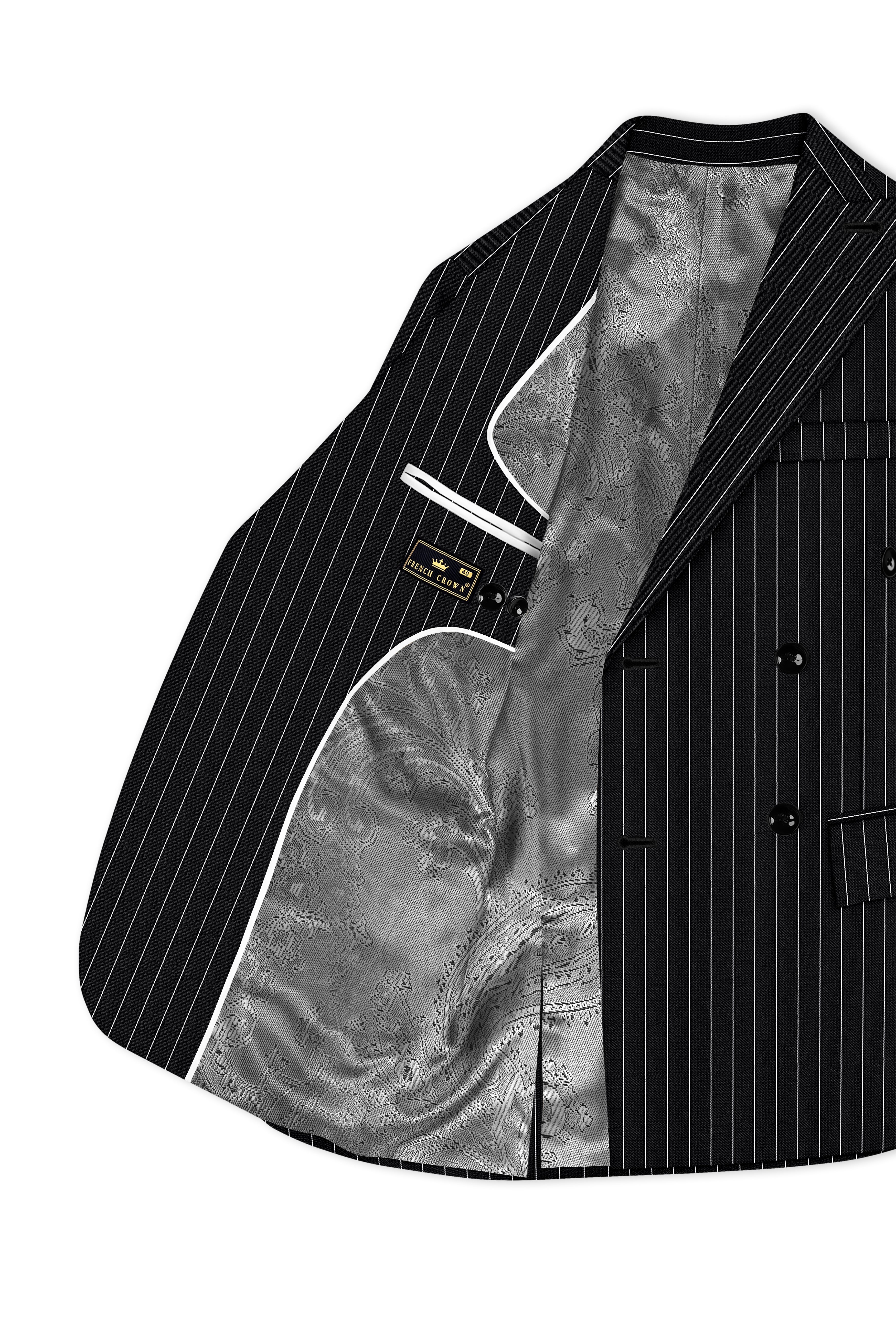 Viceroy-Jade Black And Bright White Chalk Striped Wool Rich Slight Stretch Double Breasted Suit