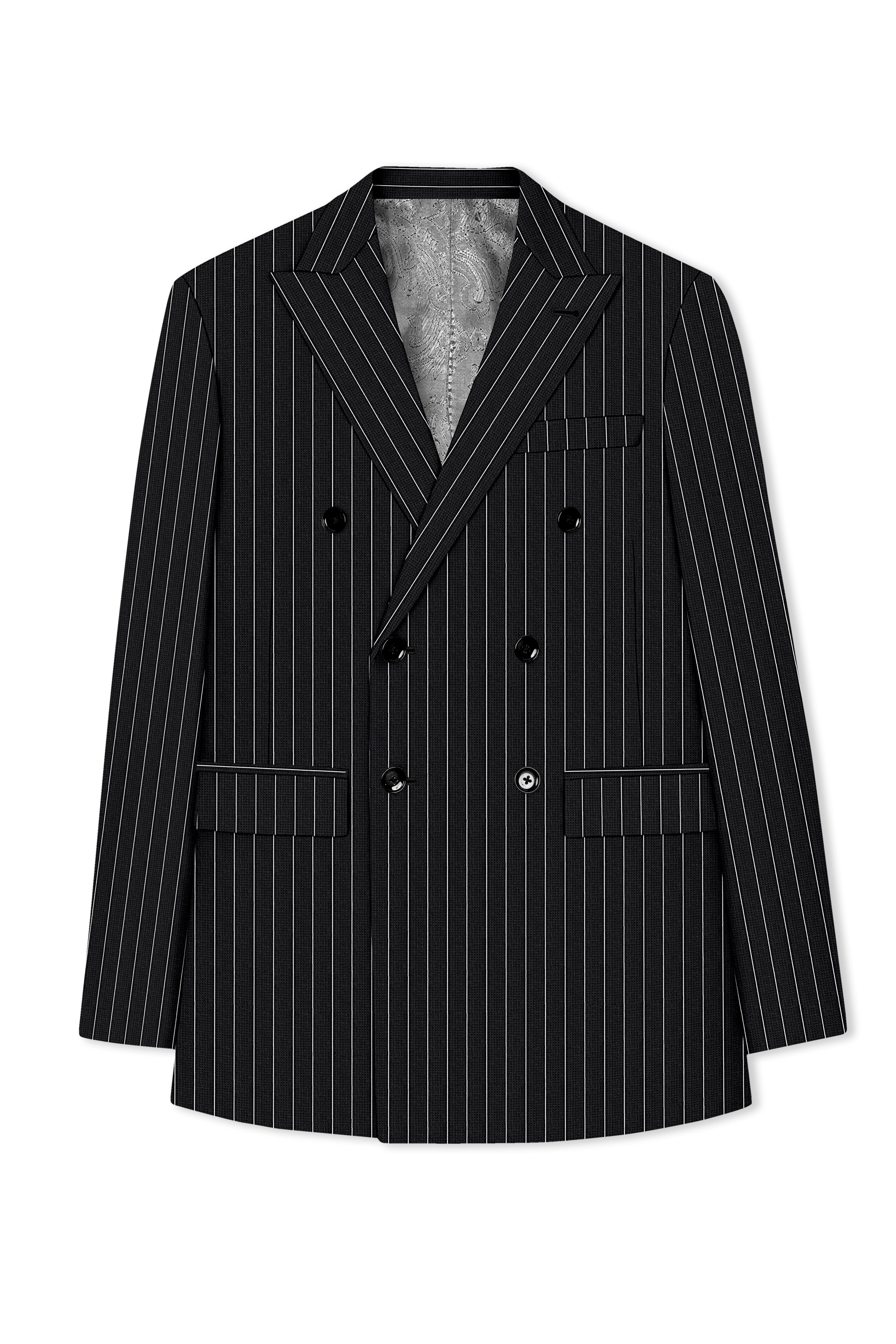 Viceroy-Jade Black And Bright White Chalk Striped Wool Rich Slight Stretch Double Breasted Suit