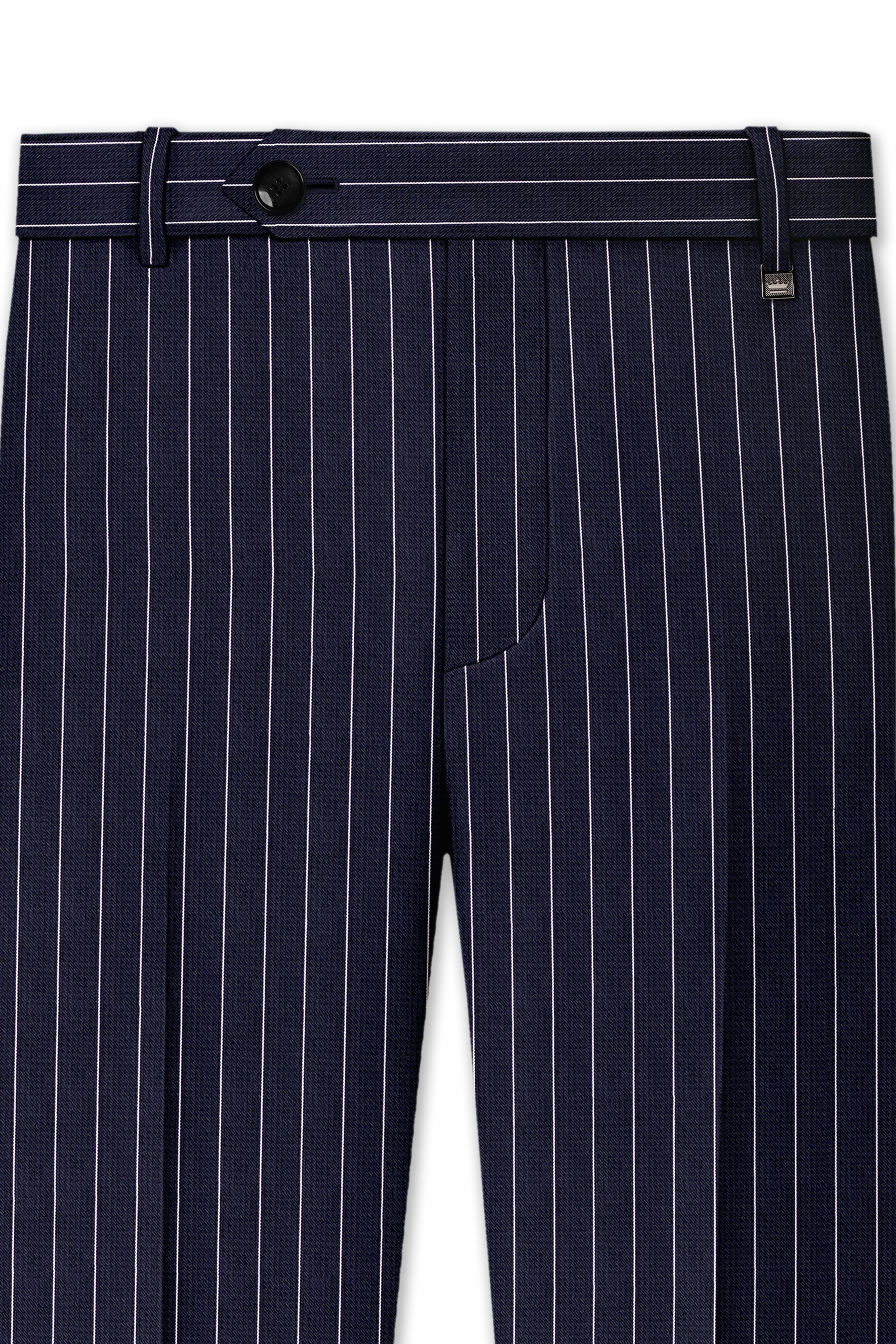 Regent-Ebony Blue And Bright White Chalk Striped Wool Rich Slight Stretch Double Breasted Suit
