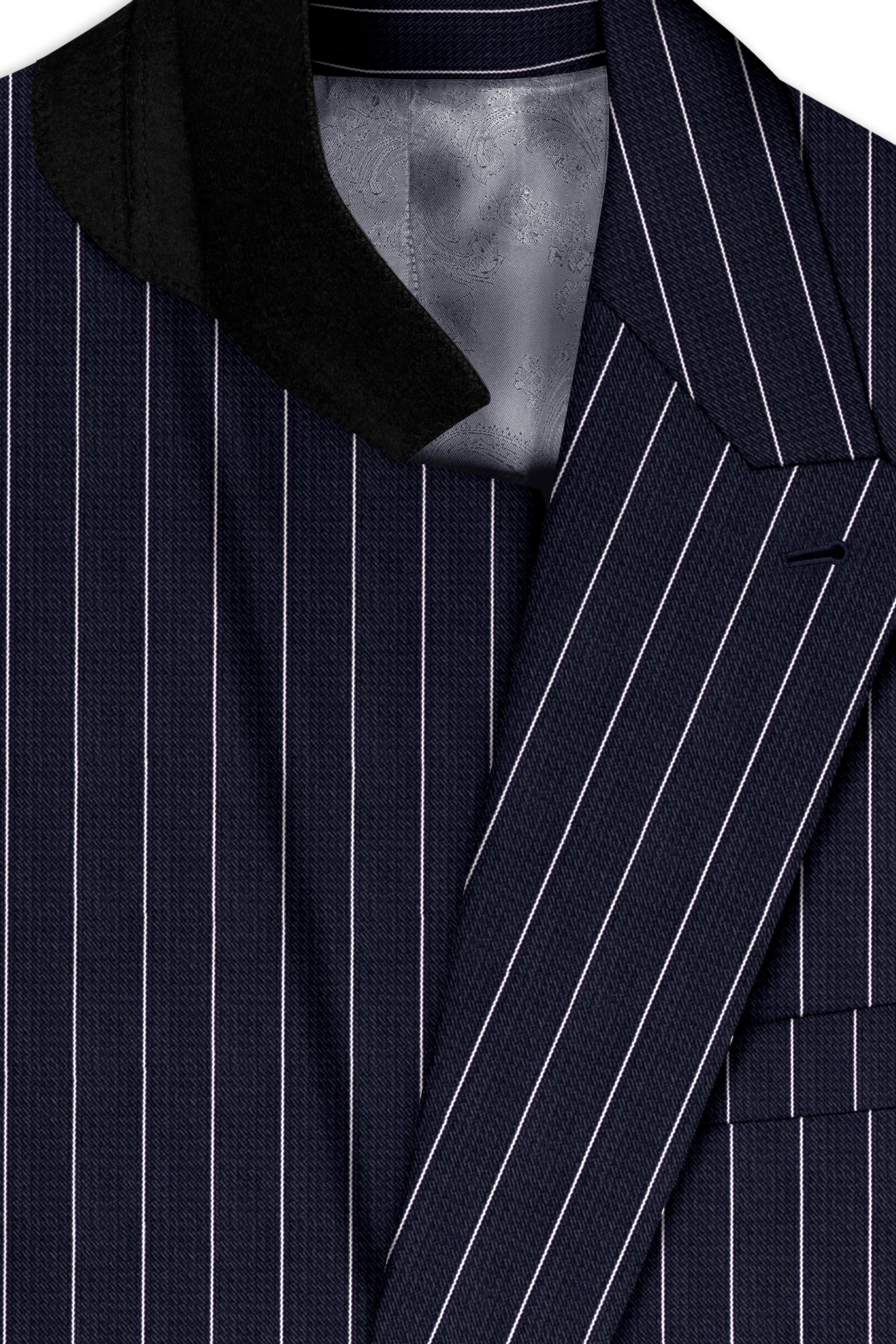 Regent-Ebony Blue And Bright White Chalk Striped Wool Rich Slight Stretch Double Breasted Suit