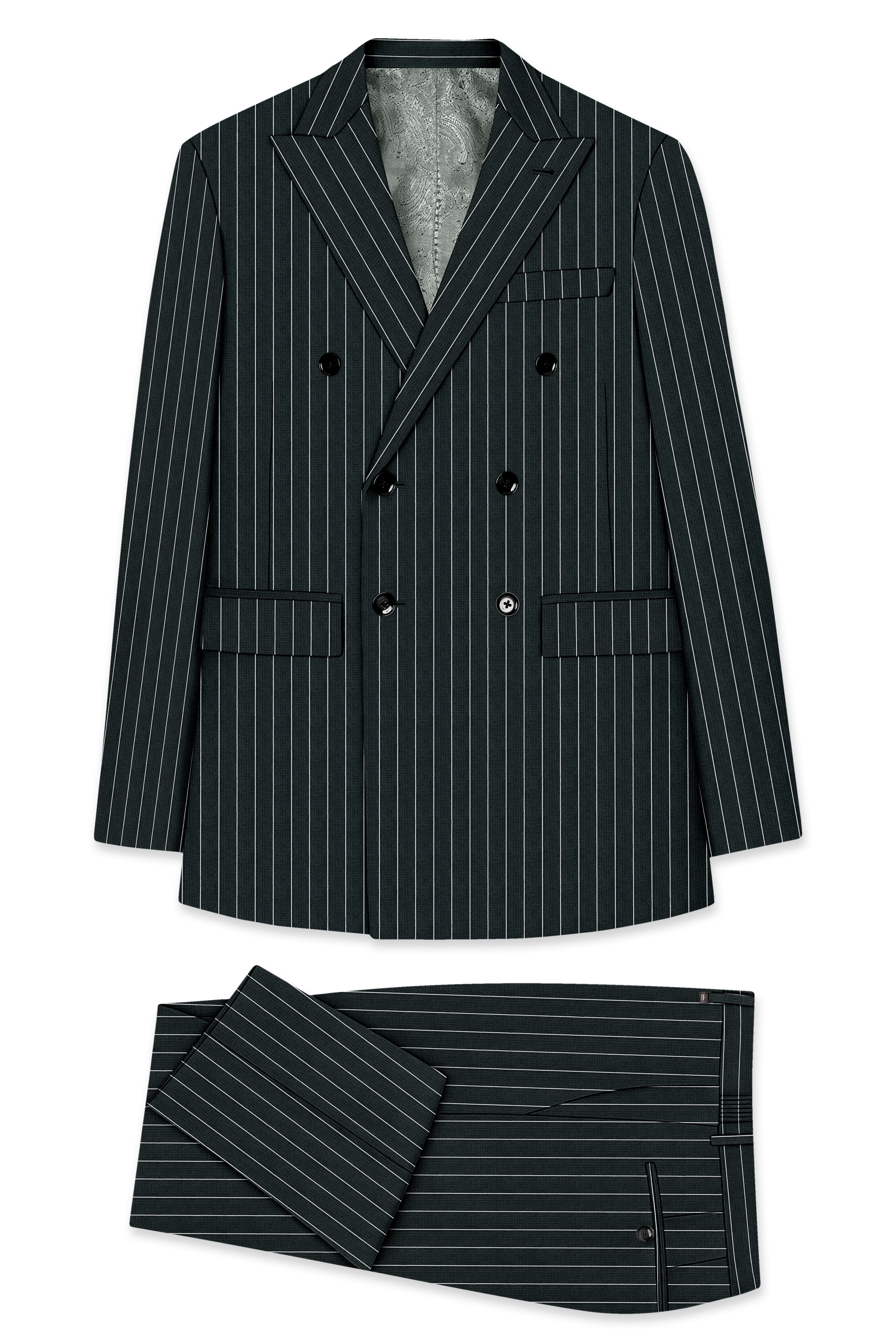 Viceroy-Hunter Green And Bright White Chalk Striped Wool Rich Slight Stretch Double Breasted Suit