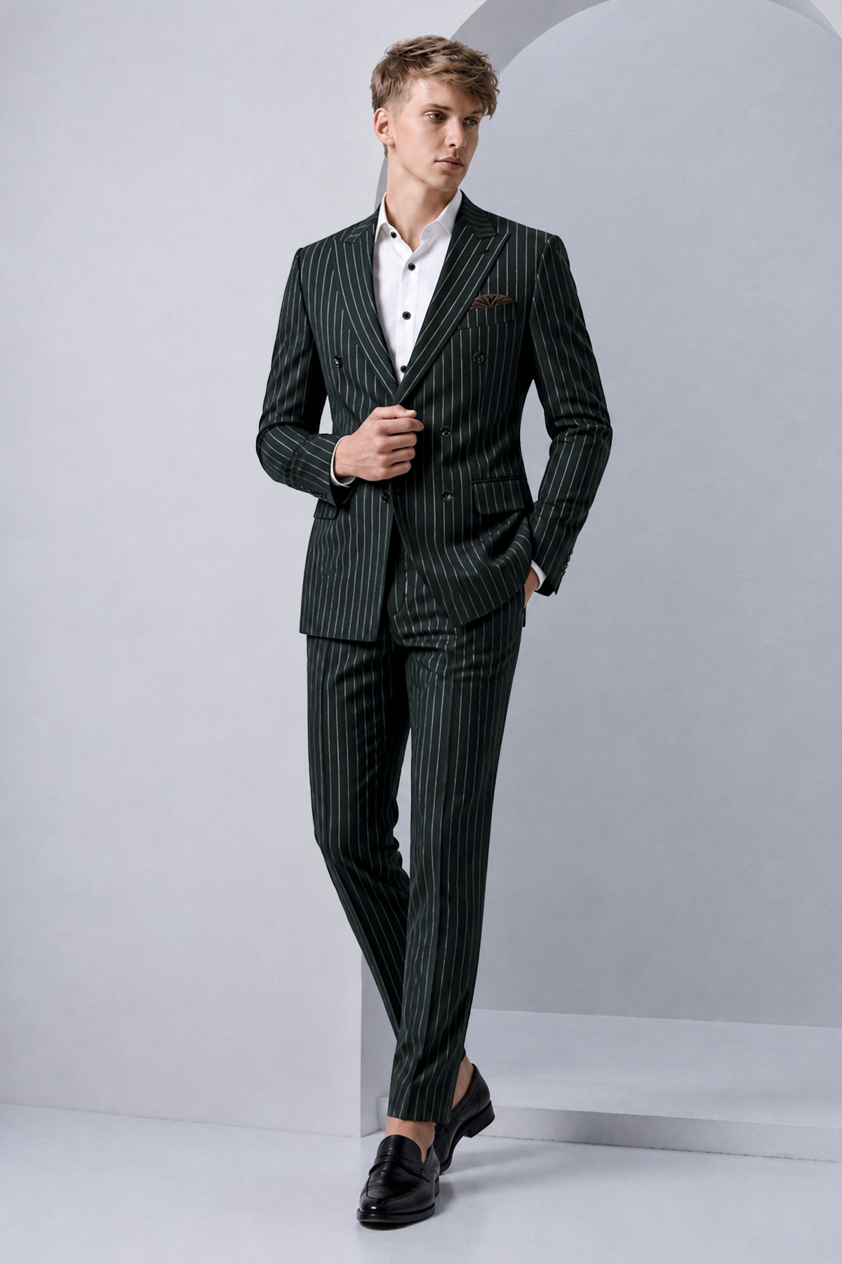 Viceroy-Hunter Green And Bright White Chalk Striped Wool Rich Slight Stretch Double Breasted Suit