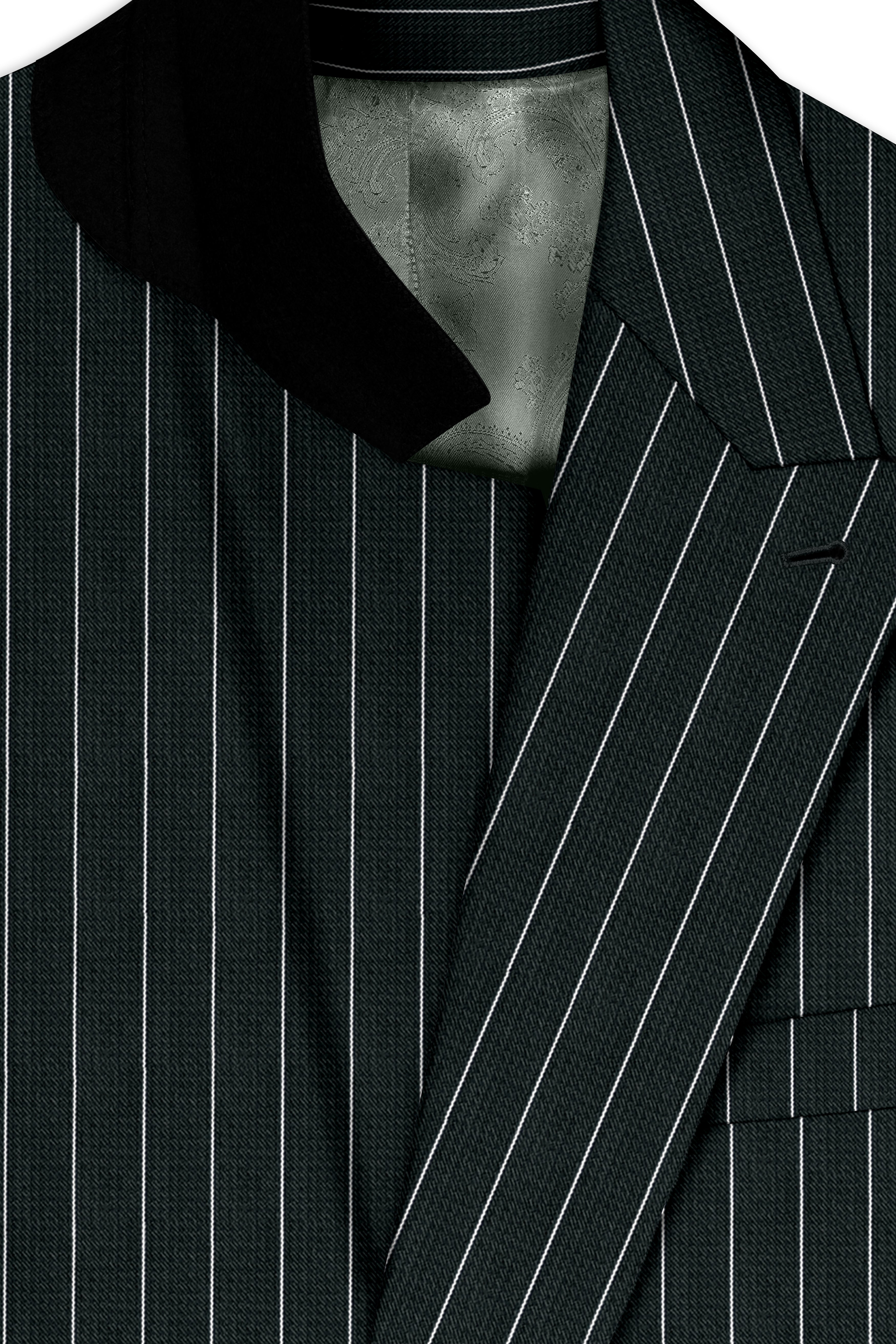 Viceroy-Hunter Green And Bright White Chalk Striped Wool Rich Slight Stretch Double Breasted Suit