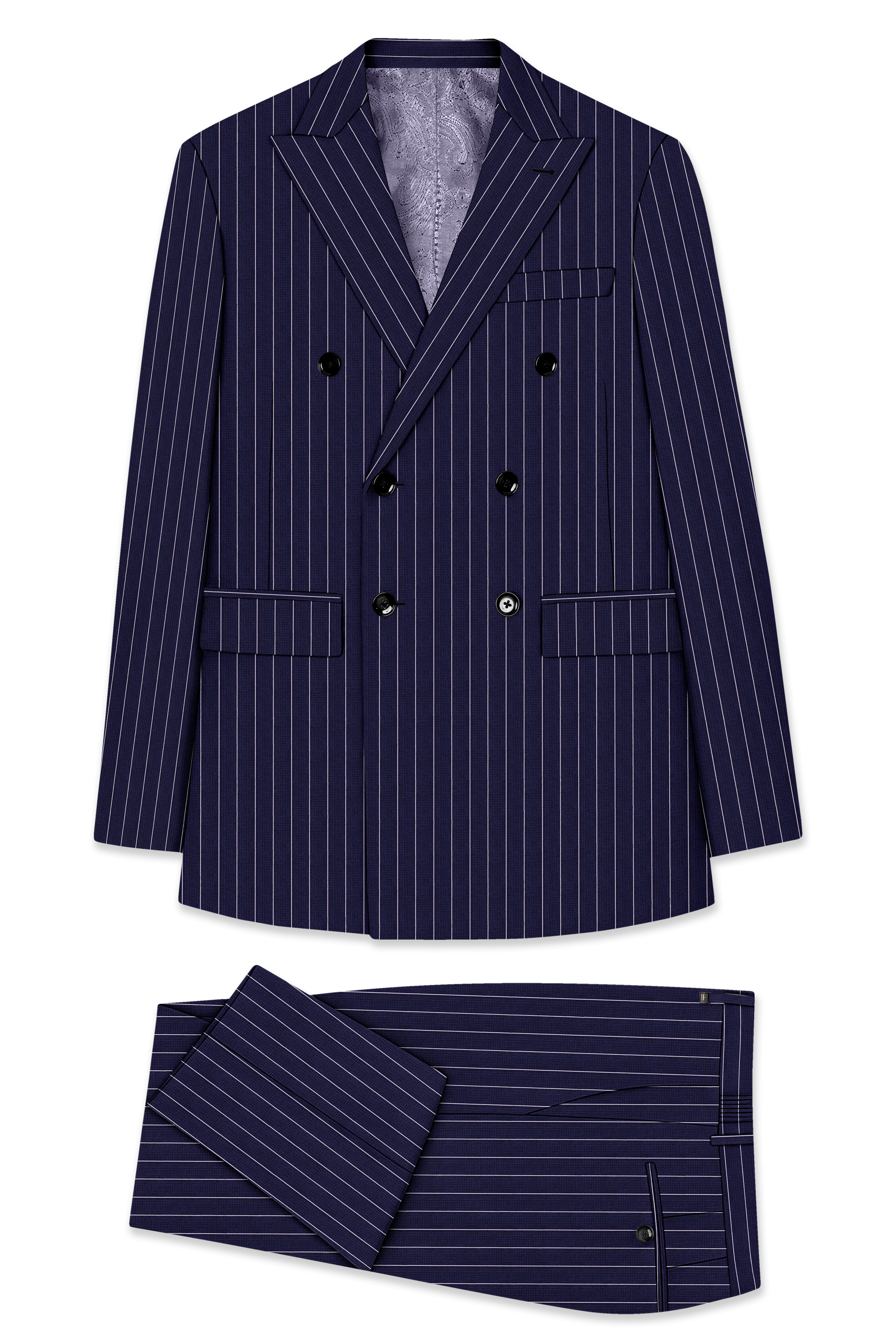 Ascot-Berry Blue And Bright White Chalk Striped Wool Rich Slight Stretch Double Breasted Suit