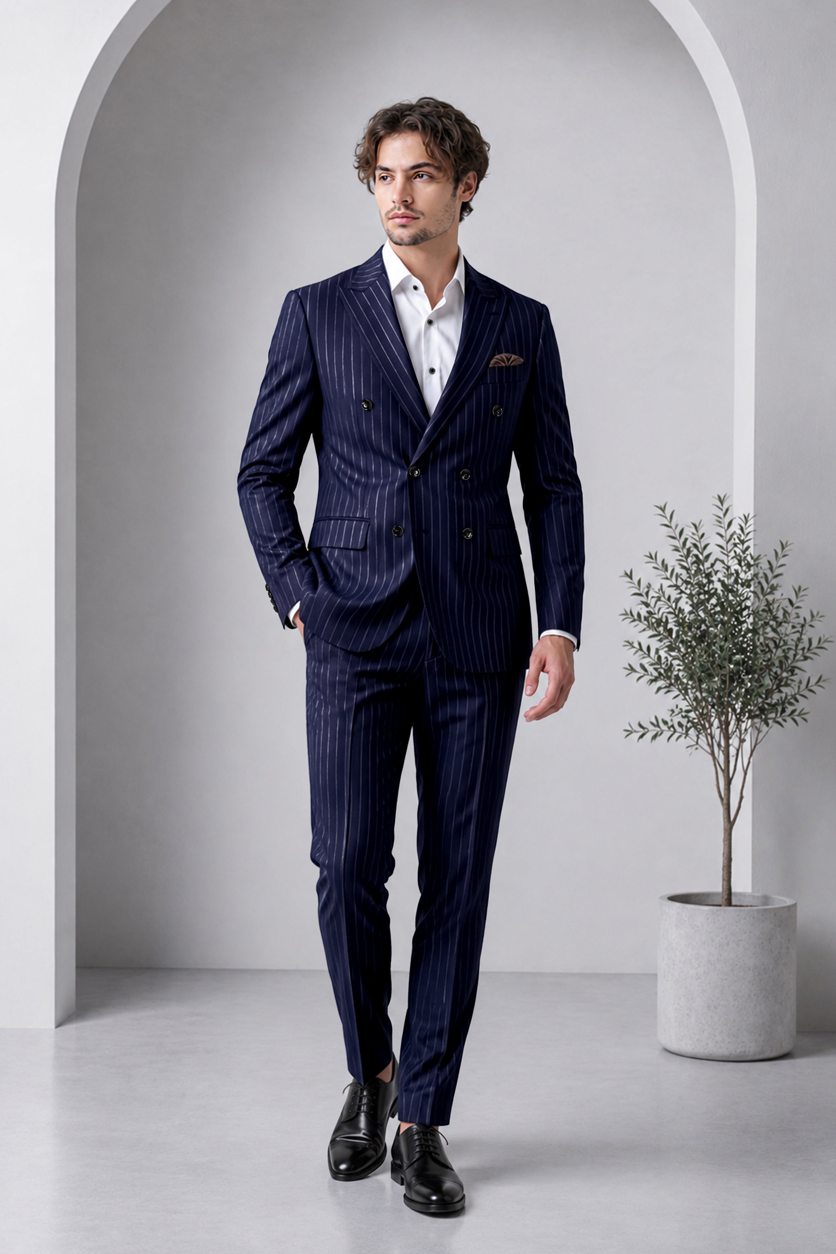 Ascot-Berry Blue And Bright White Chalk Striped Wool Rich Slight Stretch Double Breasted Suit