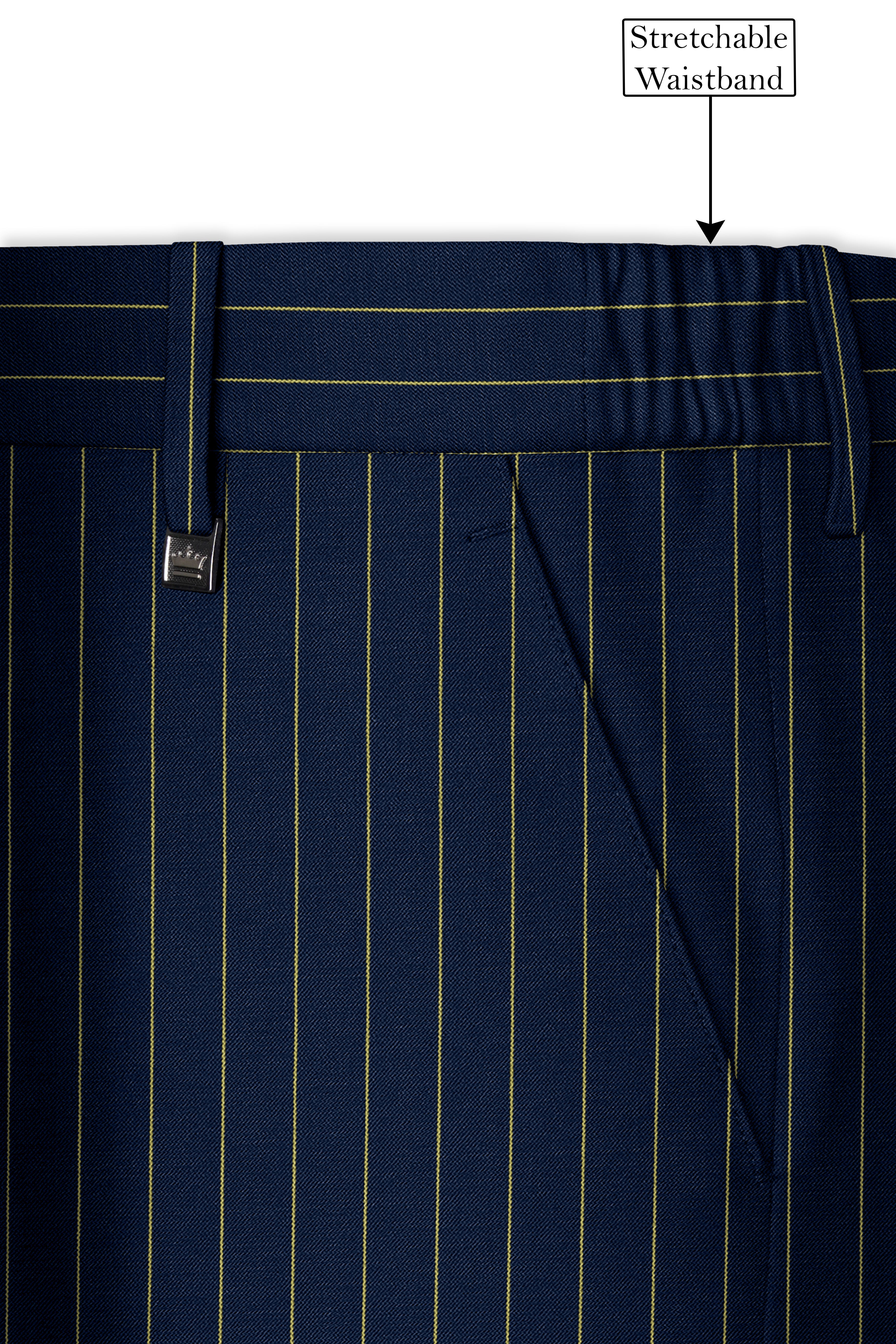 Aurum-Midnight Blue And Harvest Yellow Chalk Striped Wool Rich Slight Stretch Double Breasted Suit