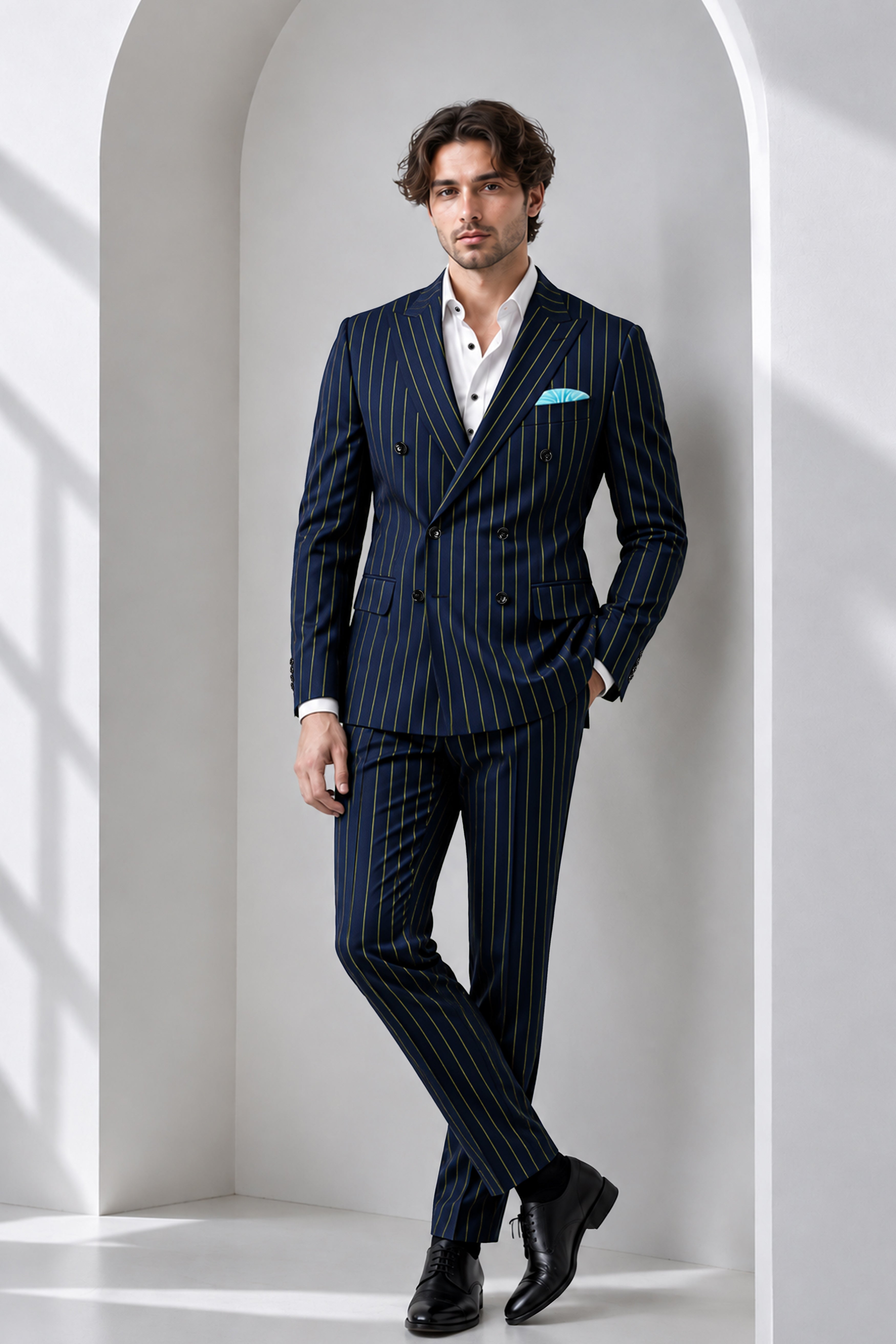 Aurum-Midnight Blue And Harvest Yellow Chalk Striped Wool Rich Slight Stretch Double Breasted Suit