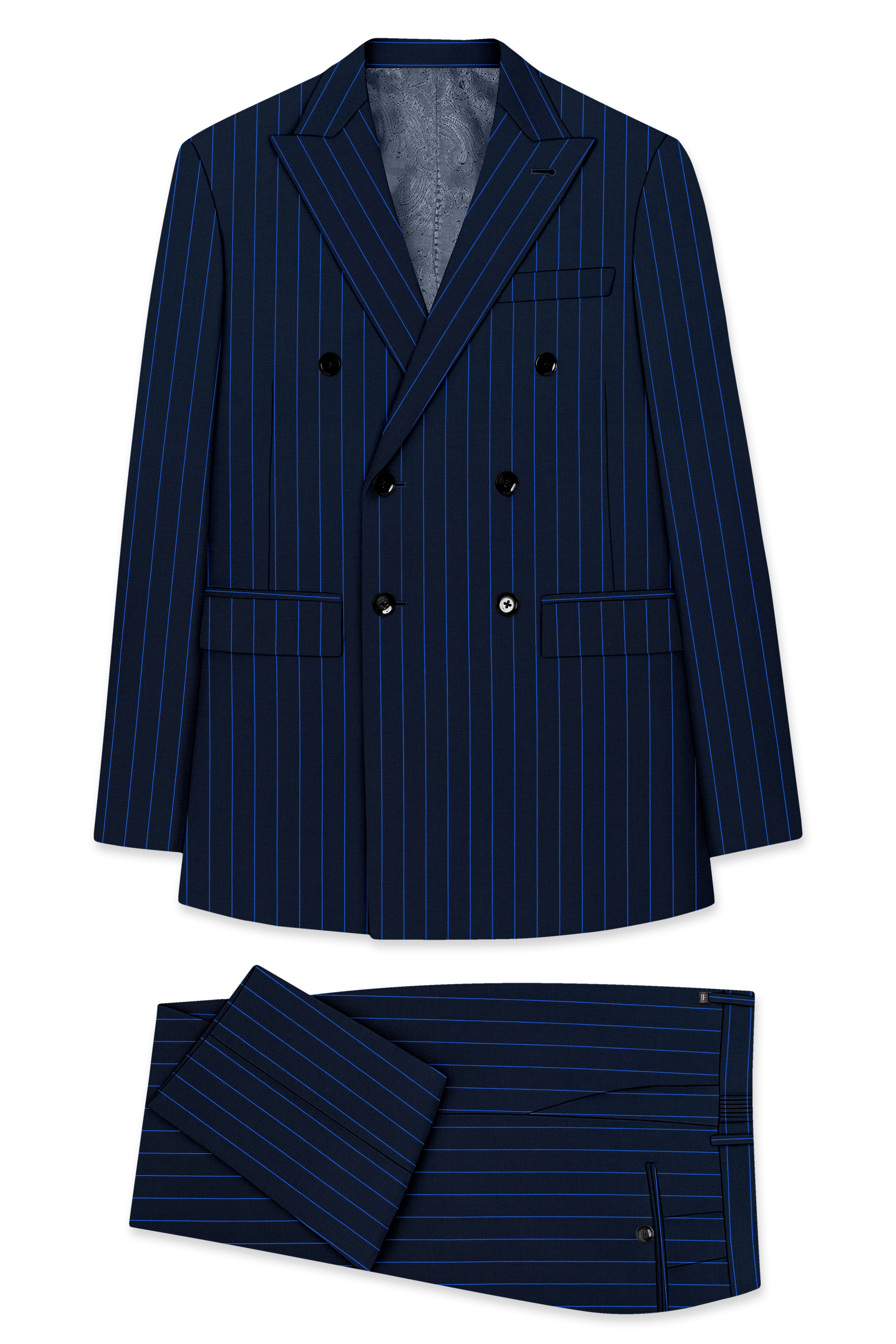 Strivon-Tealish Blue Chalk Striped Wool Rich Slight Stretch Double Breasted Suit