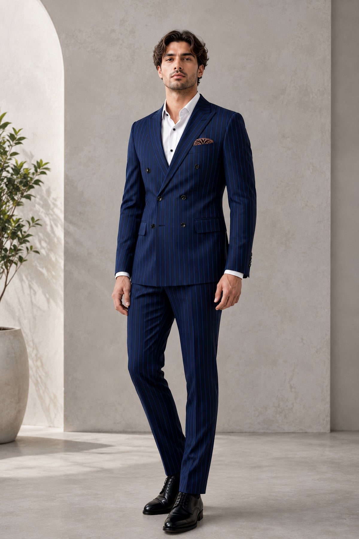 Strivon-Tealish Blue Chalk Striped Wool Rich Slight Stretch Double Breasted Suit
