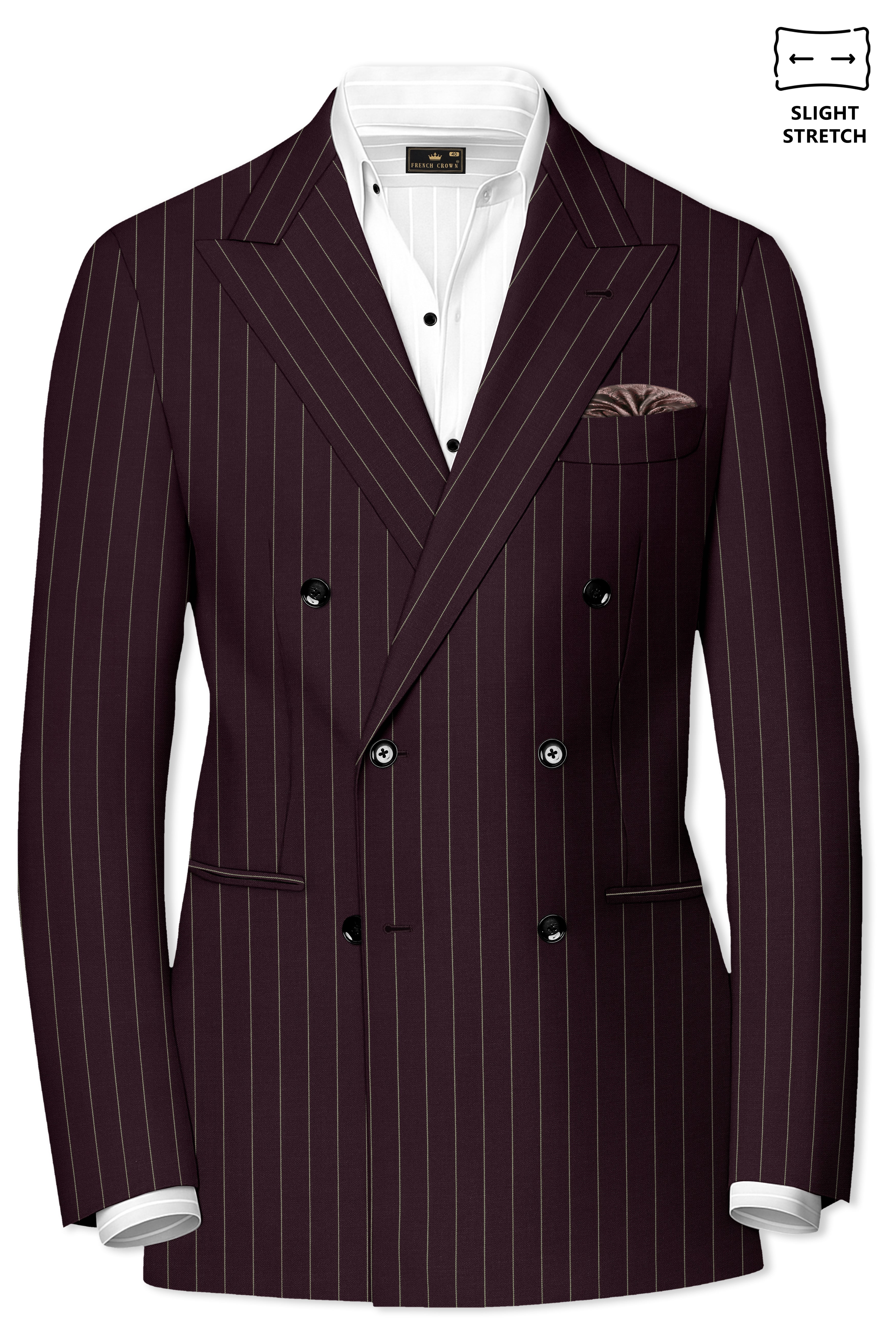 Valiant-Seal Maroon And Bright White Chalk Striped Wool Rich Slight Stretch Double Breasted Suit