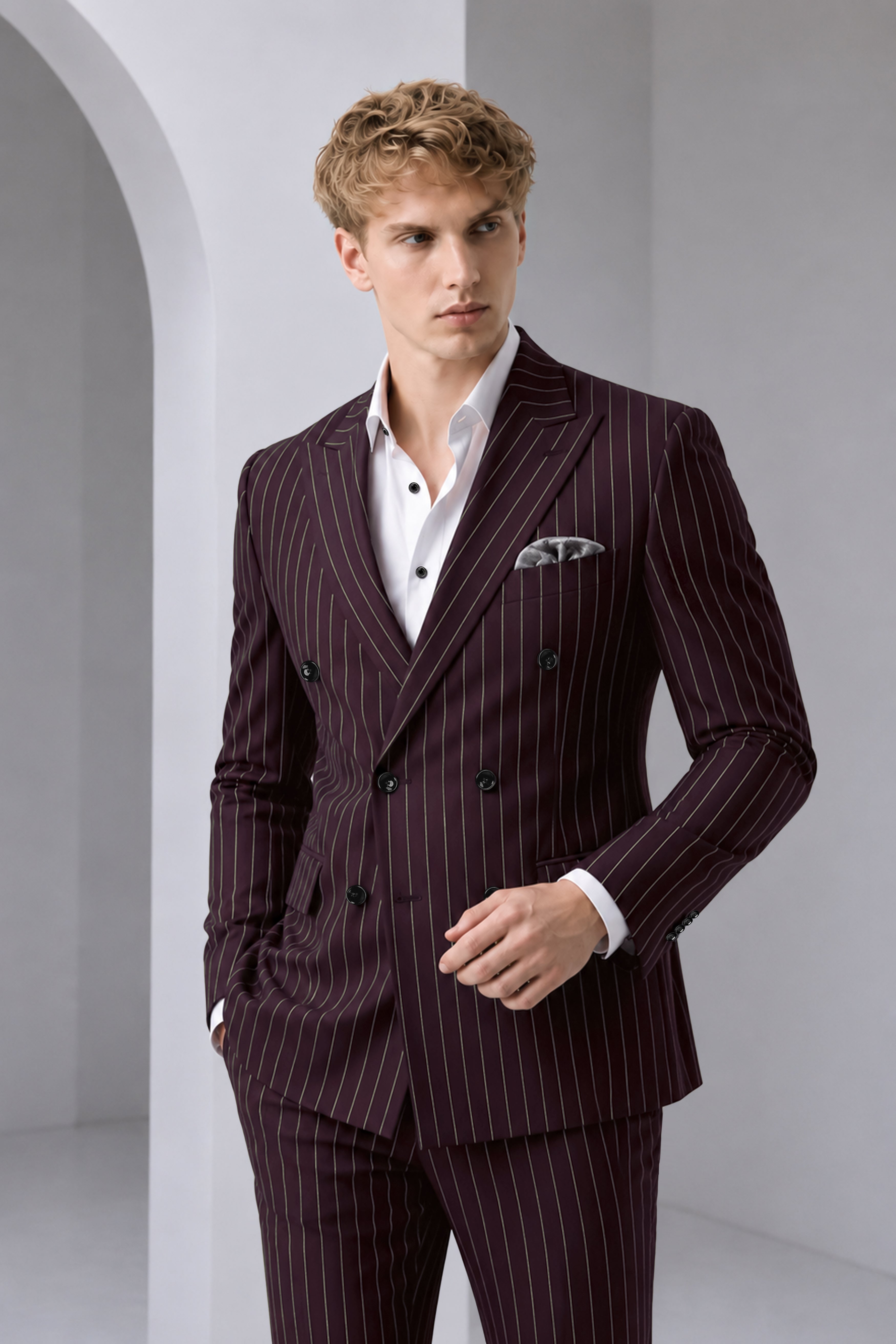 Valiant-Seal Maroon And Bright White Chalk Striped Wool Rich Slight Stretch Double Breasted Suit