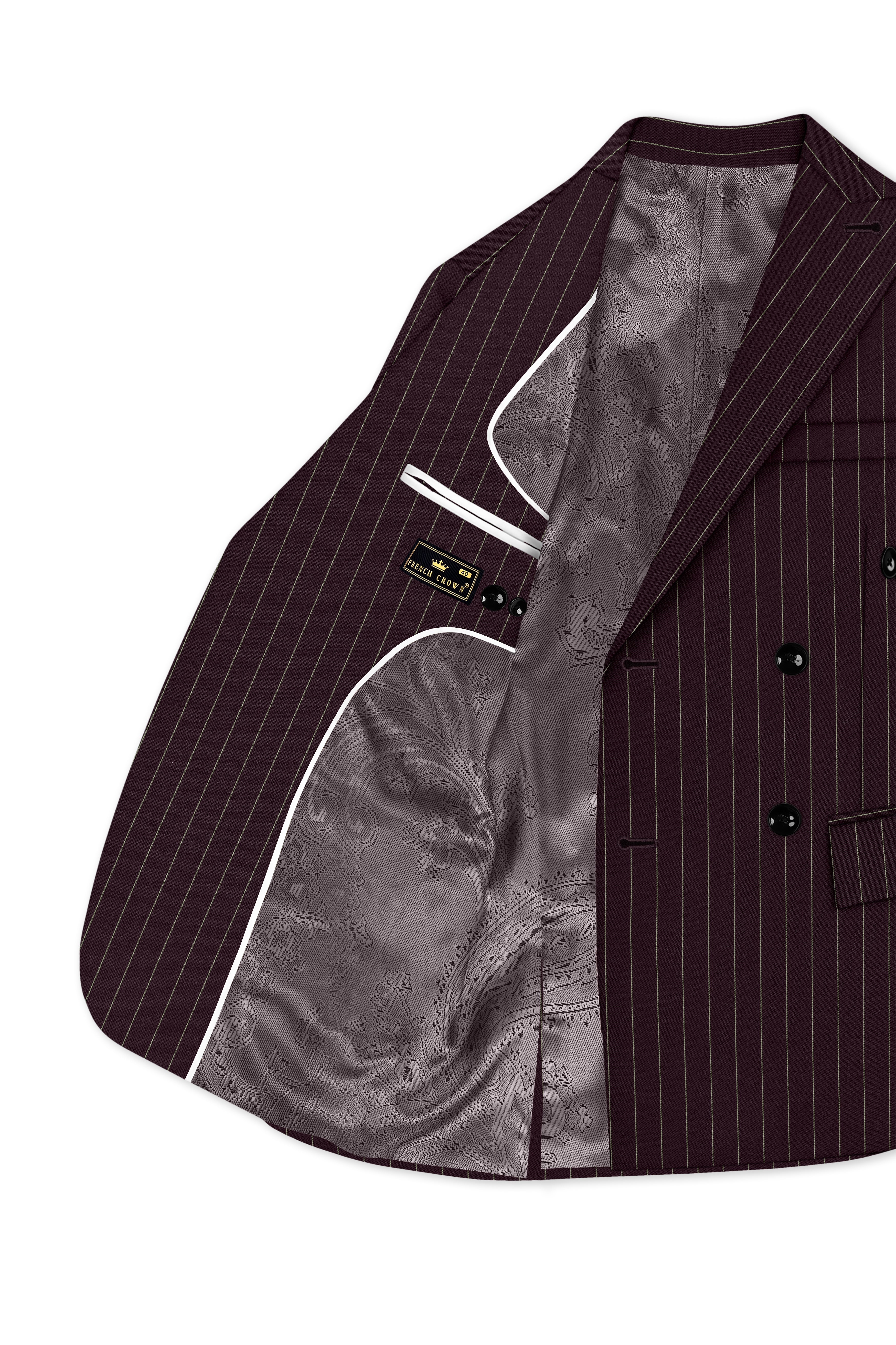 Valiant-Seal Maroon And Bright White Chalk Striped Wool Rich Slight Stretch Double Breasted Suit