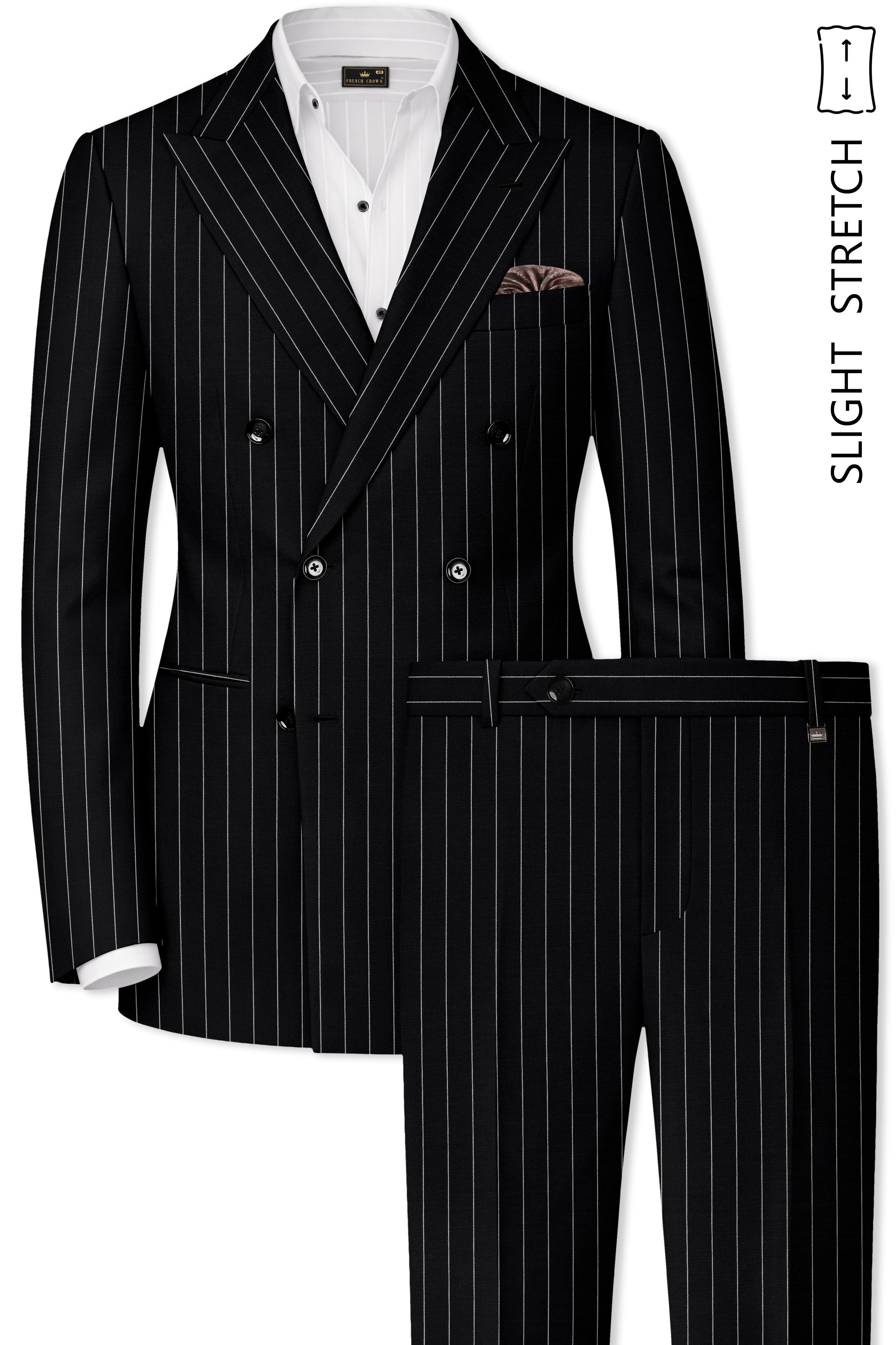 Veritas-Jade Black And Bright White Pin Striped Wool Rich Slight Stretch Double Breasted Suit
