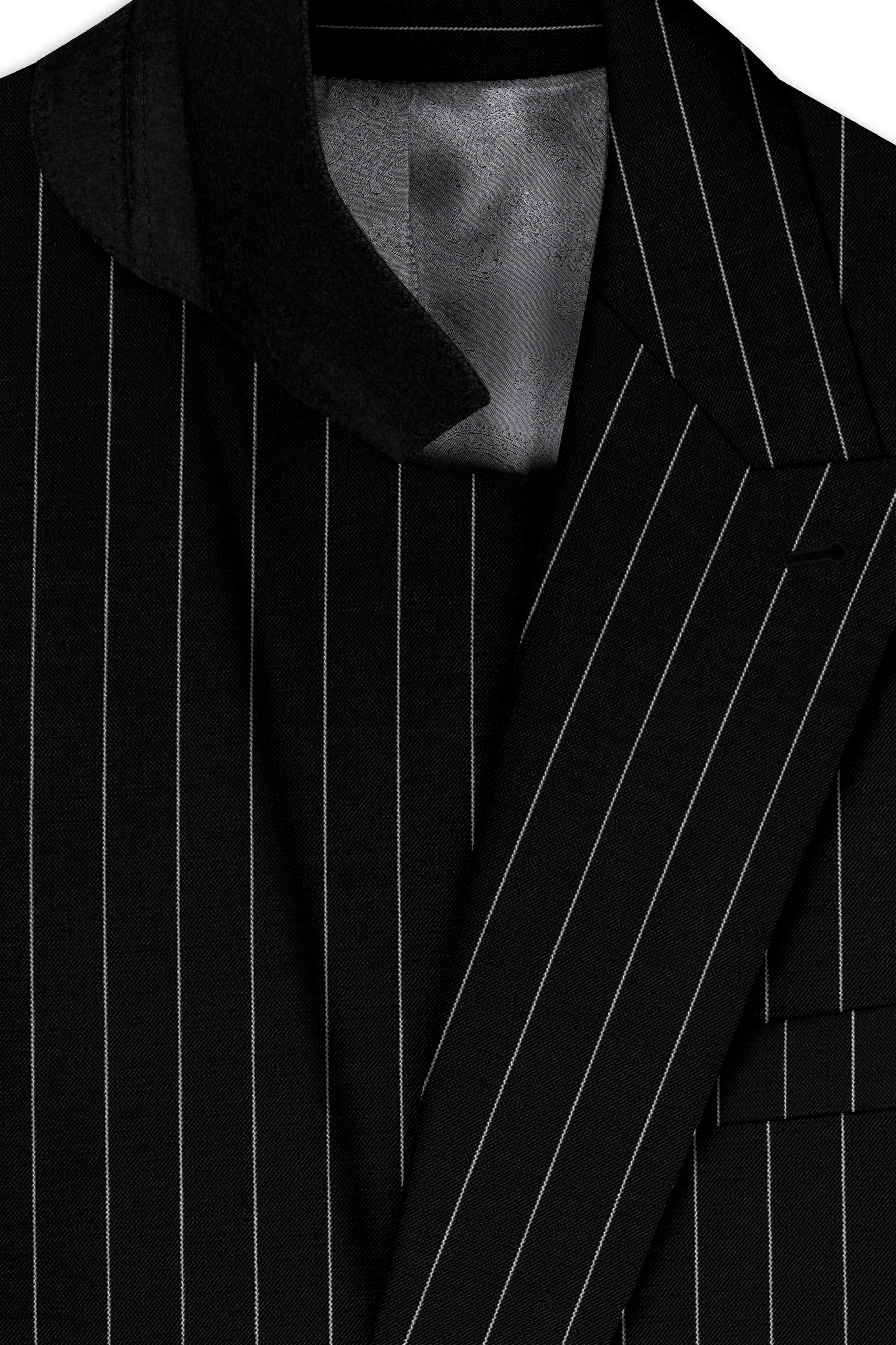 Veritas-Jade Black And Bright White Pin Striped Wool Rich Slight Stretch Double Breasted Suit