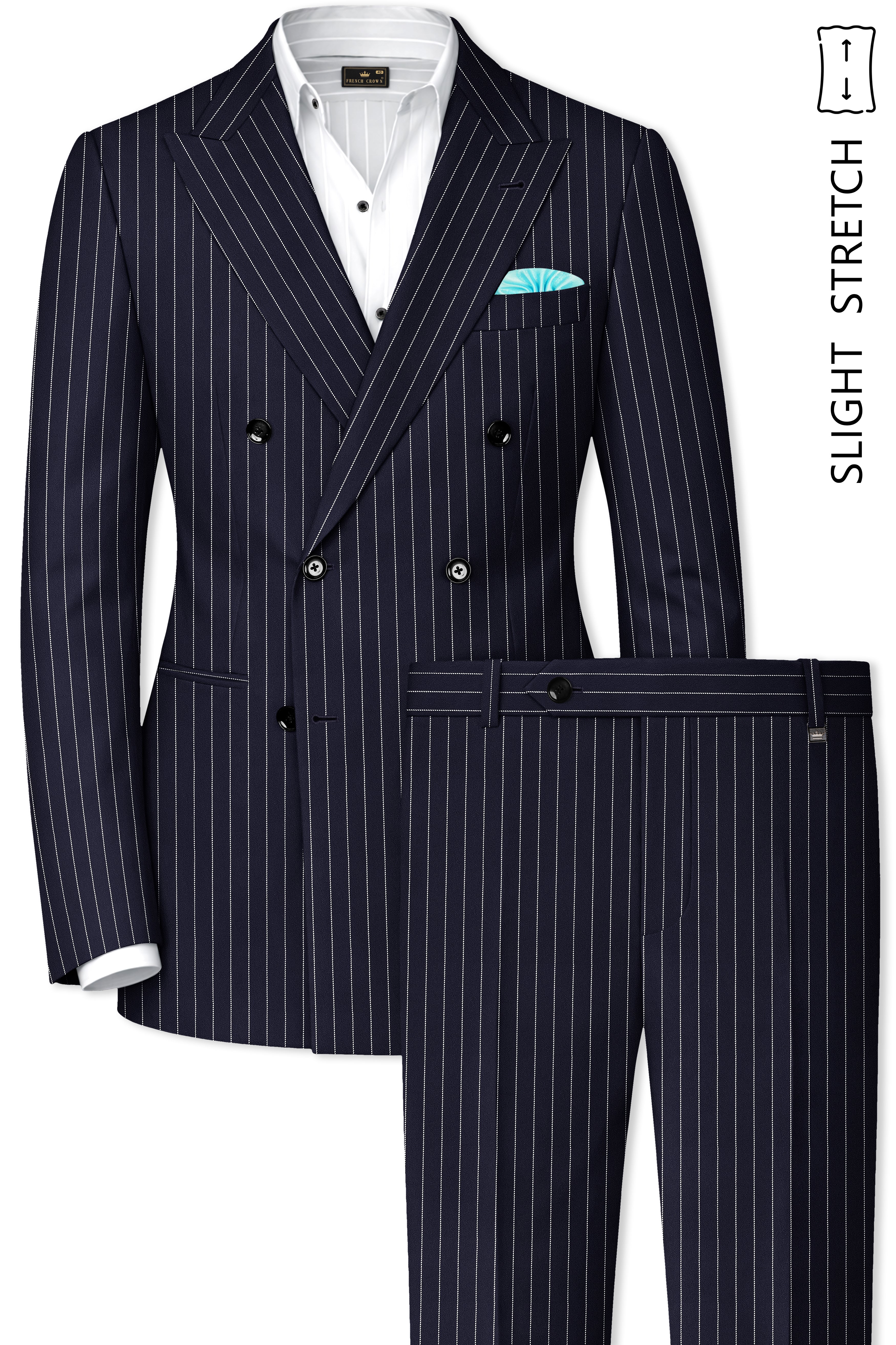 Aurelius-Cinder Blue Bright White Chalk Striped Wool Rich Slight Stretch Double Breasted Suit
