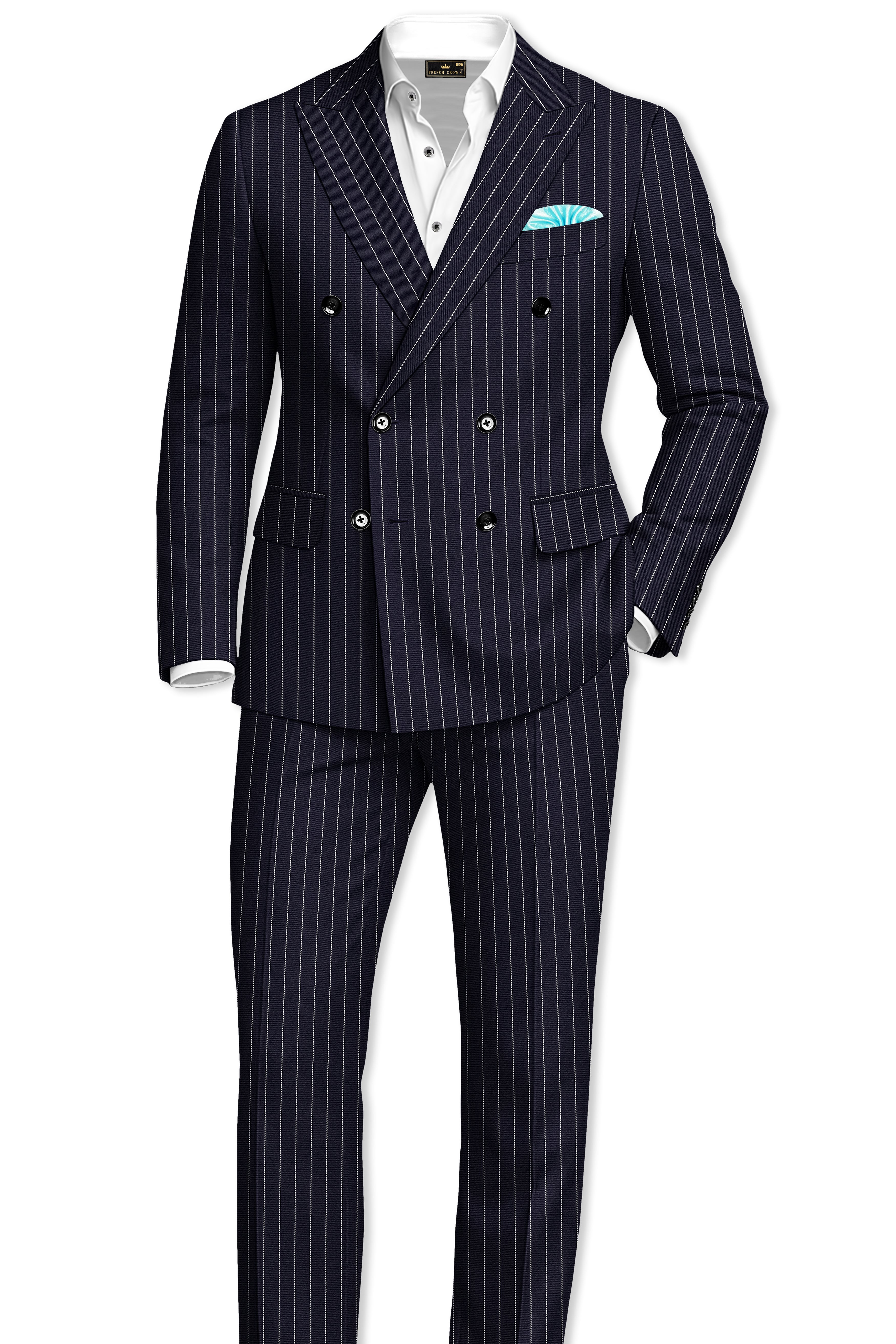 Aurelius-Cinder Blue Bright White Chalk Striped Wool Rich Slight Stretch Double Breasted Suit