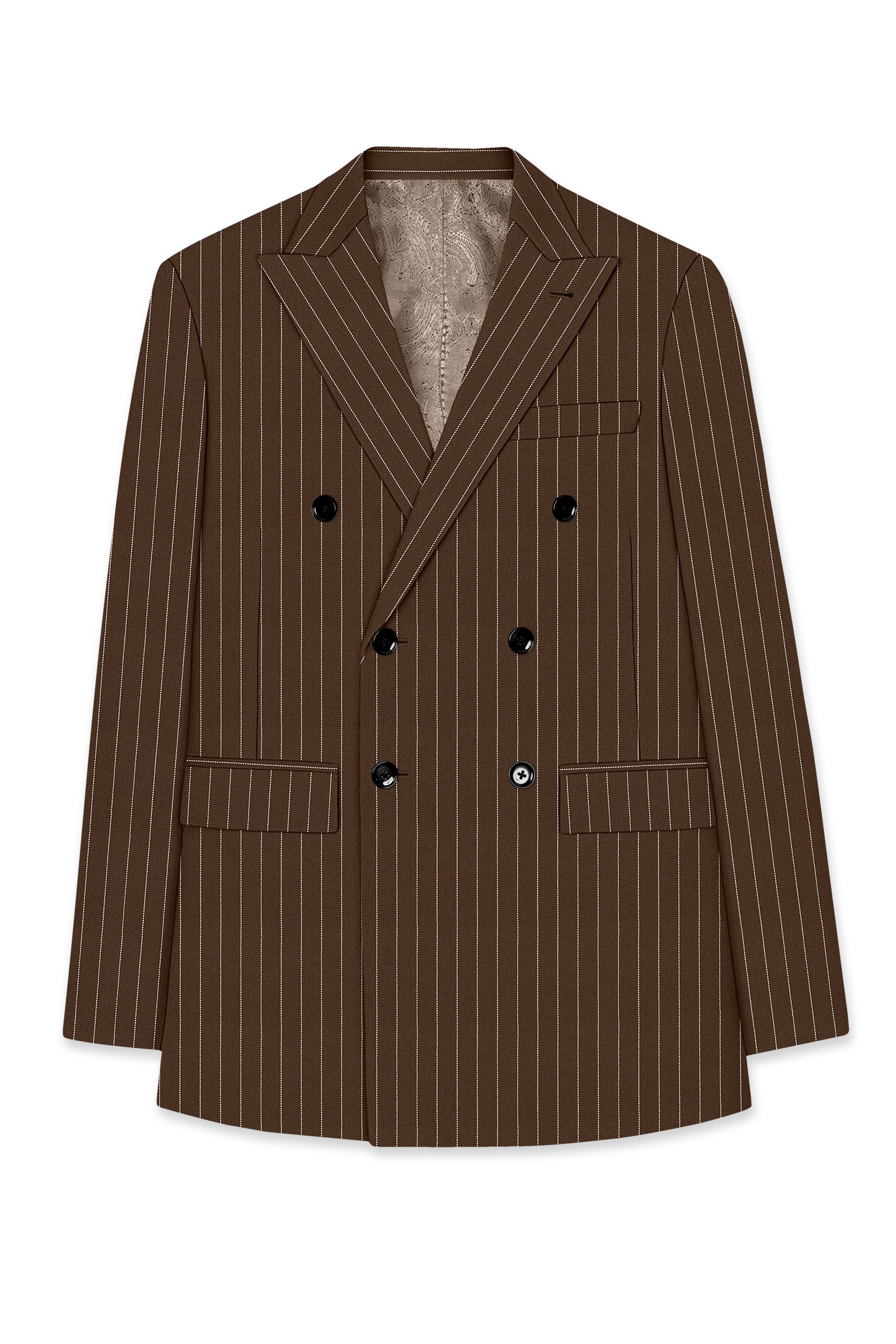 Bristol-Iroko Brown And Bright White Chalk Striped Wool Rich Slight Stretch Double Breasted Suit