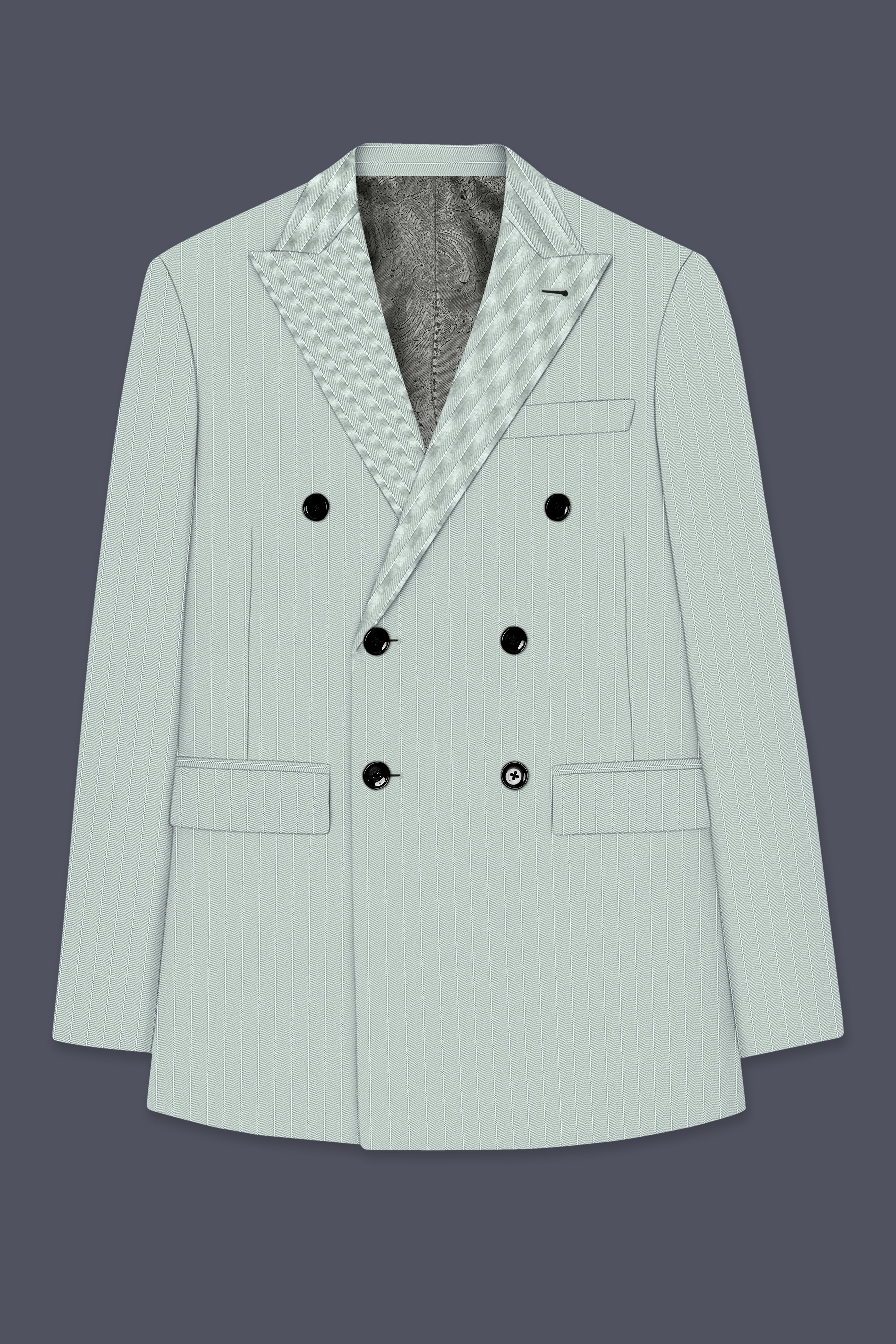 Halcyon-Pale Slate Green Herringbone Striped Wool Rich Slight Stretch Double Breasted Suit