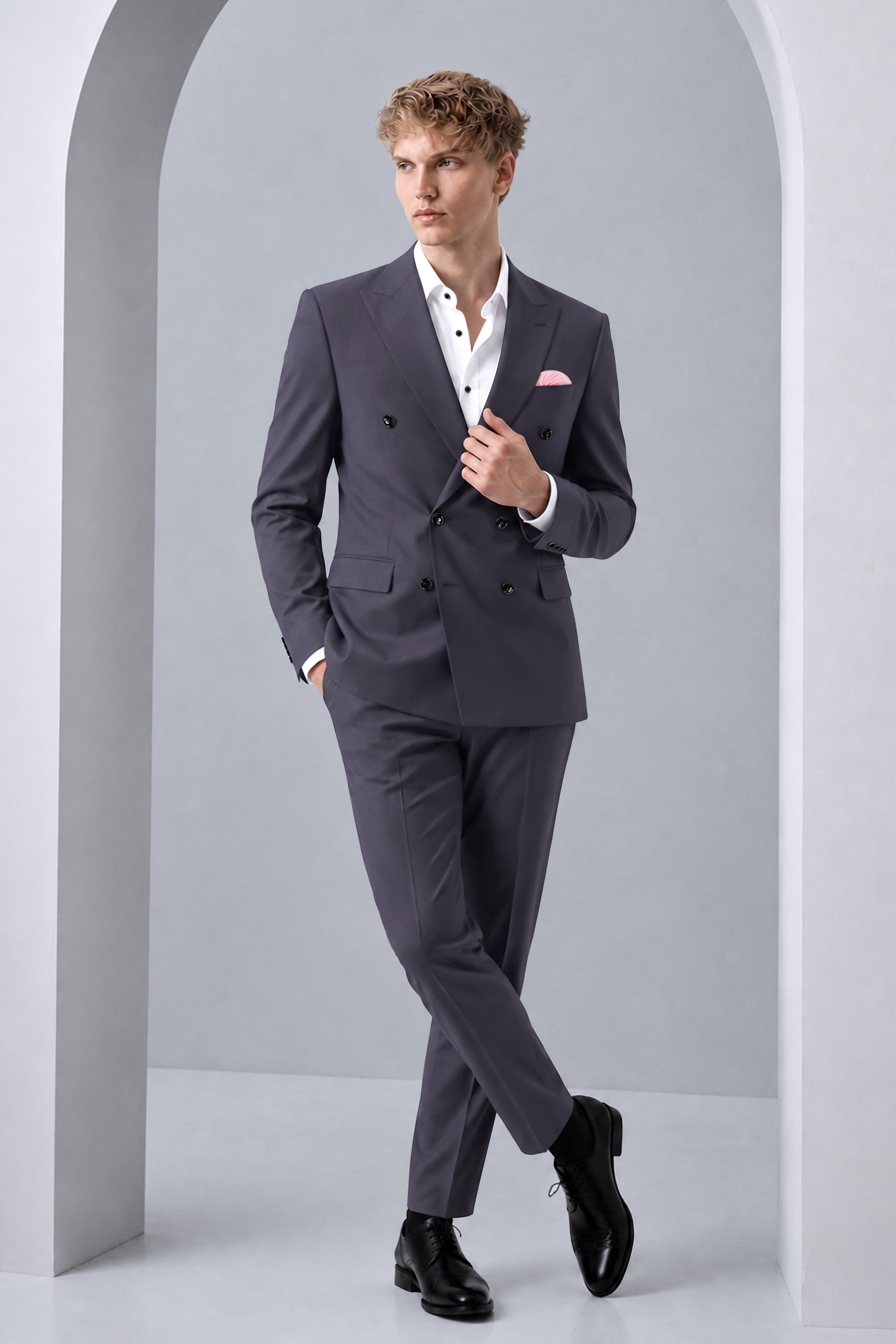 Aeris-Bastilie Gray 4-Way Stretch Wrinkle-Free Fluid Drape Fabric Double Breasted Suit