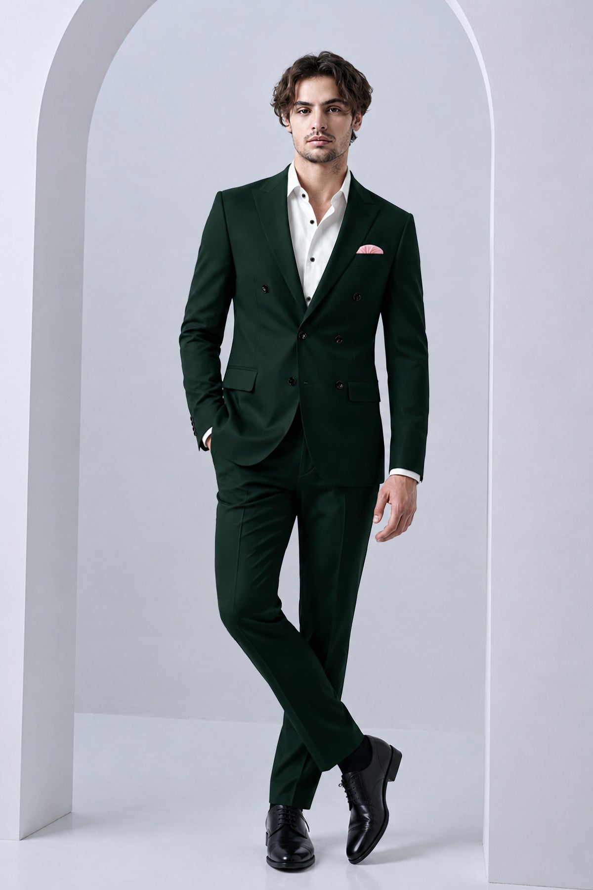 Verde-Aztec Green 4-Way Stretch Wrinkle-Free Fluid Drape Fabric Double Breasted Suit