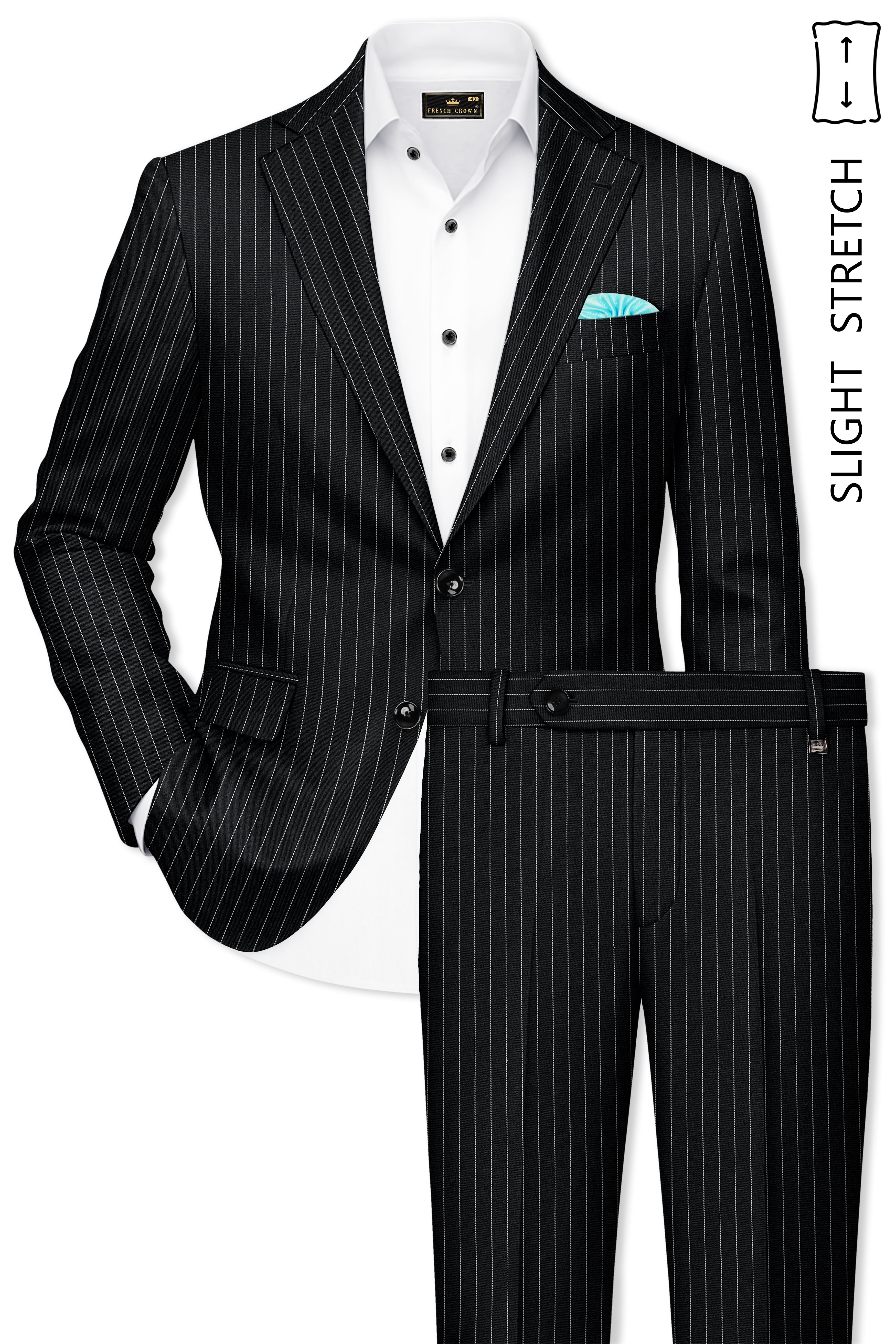 Strivon-Jade Black And Bright White Chalk Striped Wool Rich Slight Stretch Single Breasted Suit
