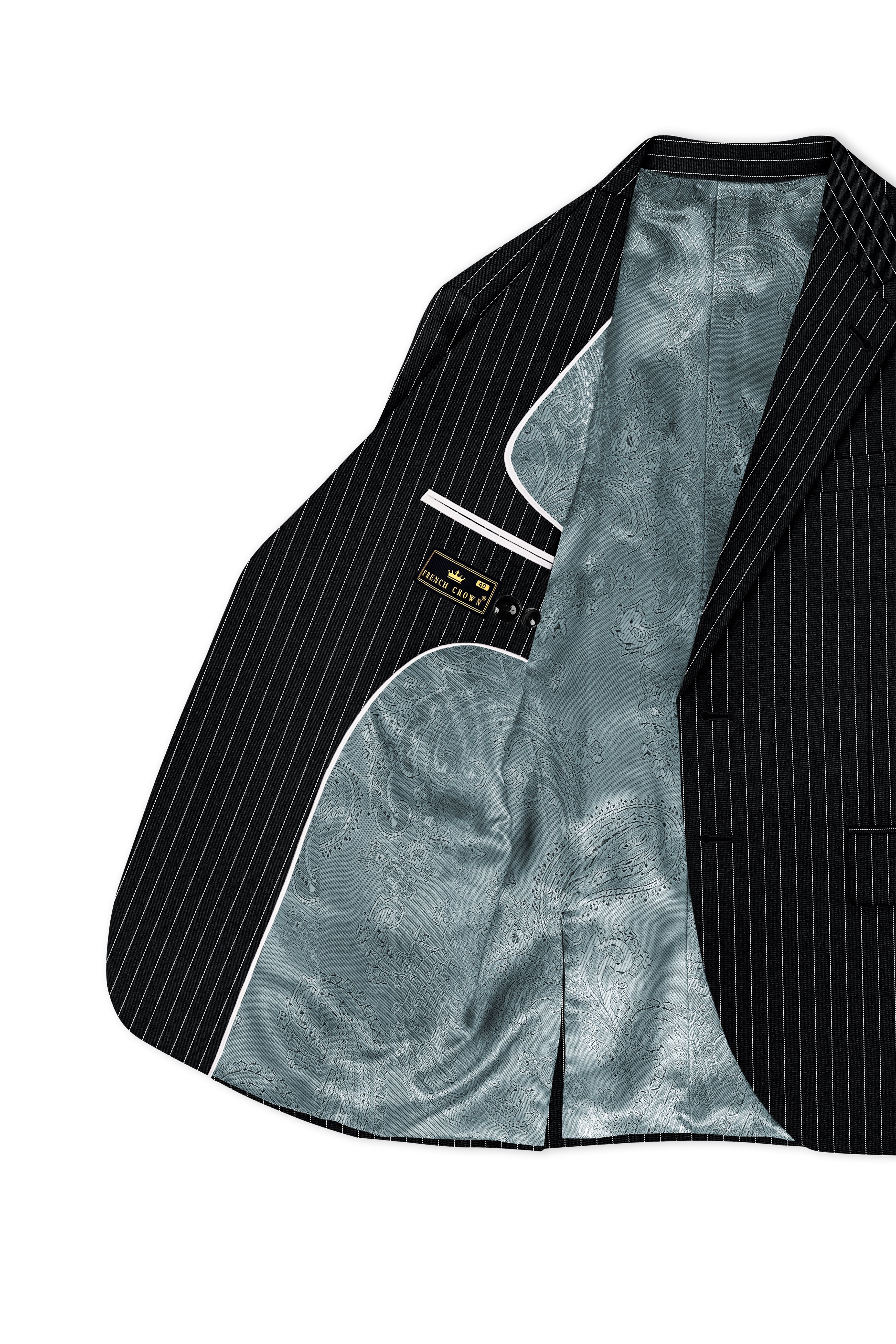 Strivon-Jade Black And Bright White Chalk Striped Wool Rich Slight Stretch Single Breasted Suit