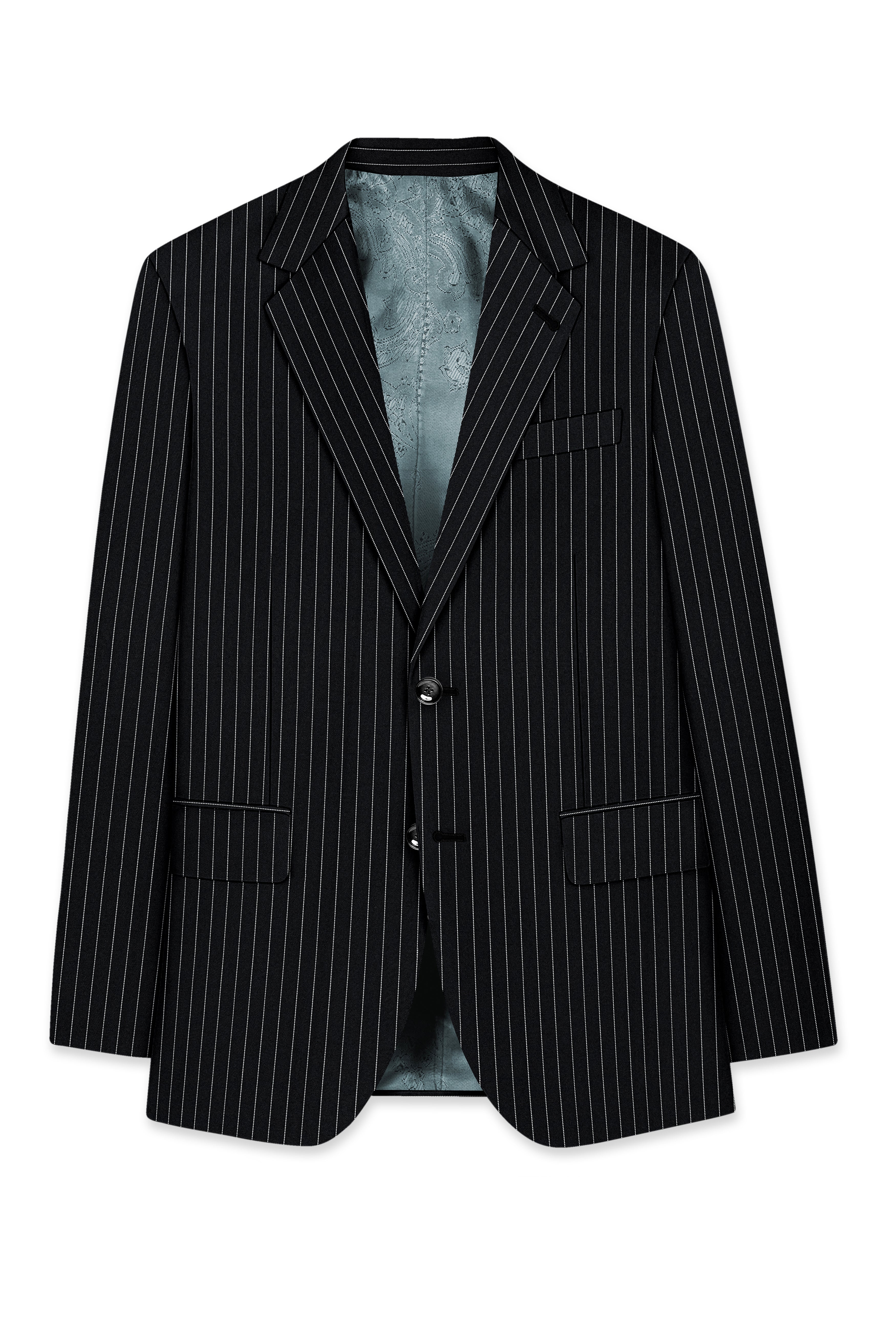 Strivon-Jade Black And Bright White Chalk Striped Wool Rich Slight Stretch Single Breasted Suit