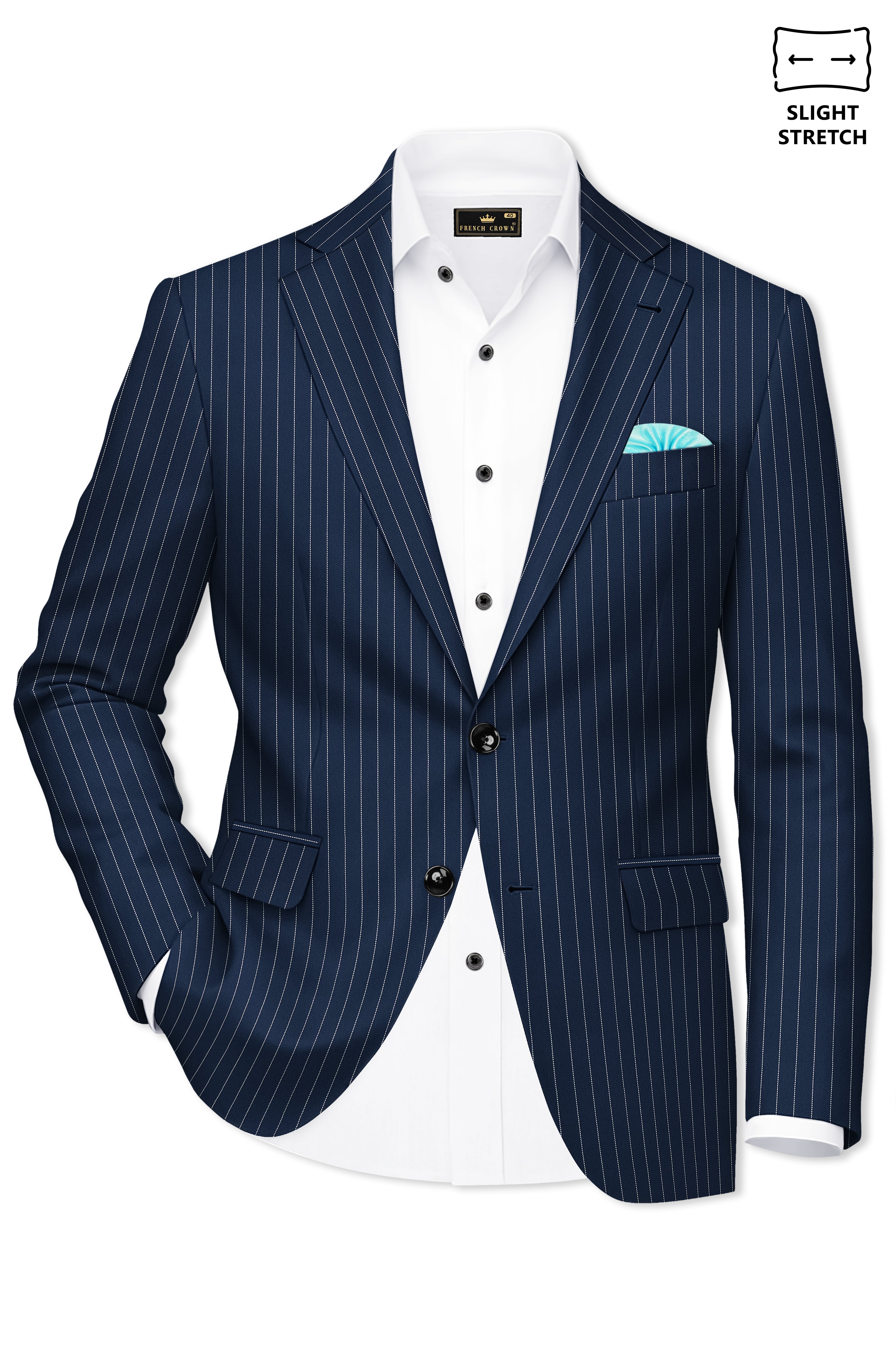 Veritus-Zodiac Blue And Bright White Chalk Striped Wool Rich Slight Stretch Single Breasted Suit