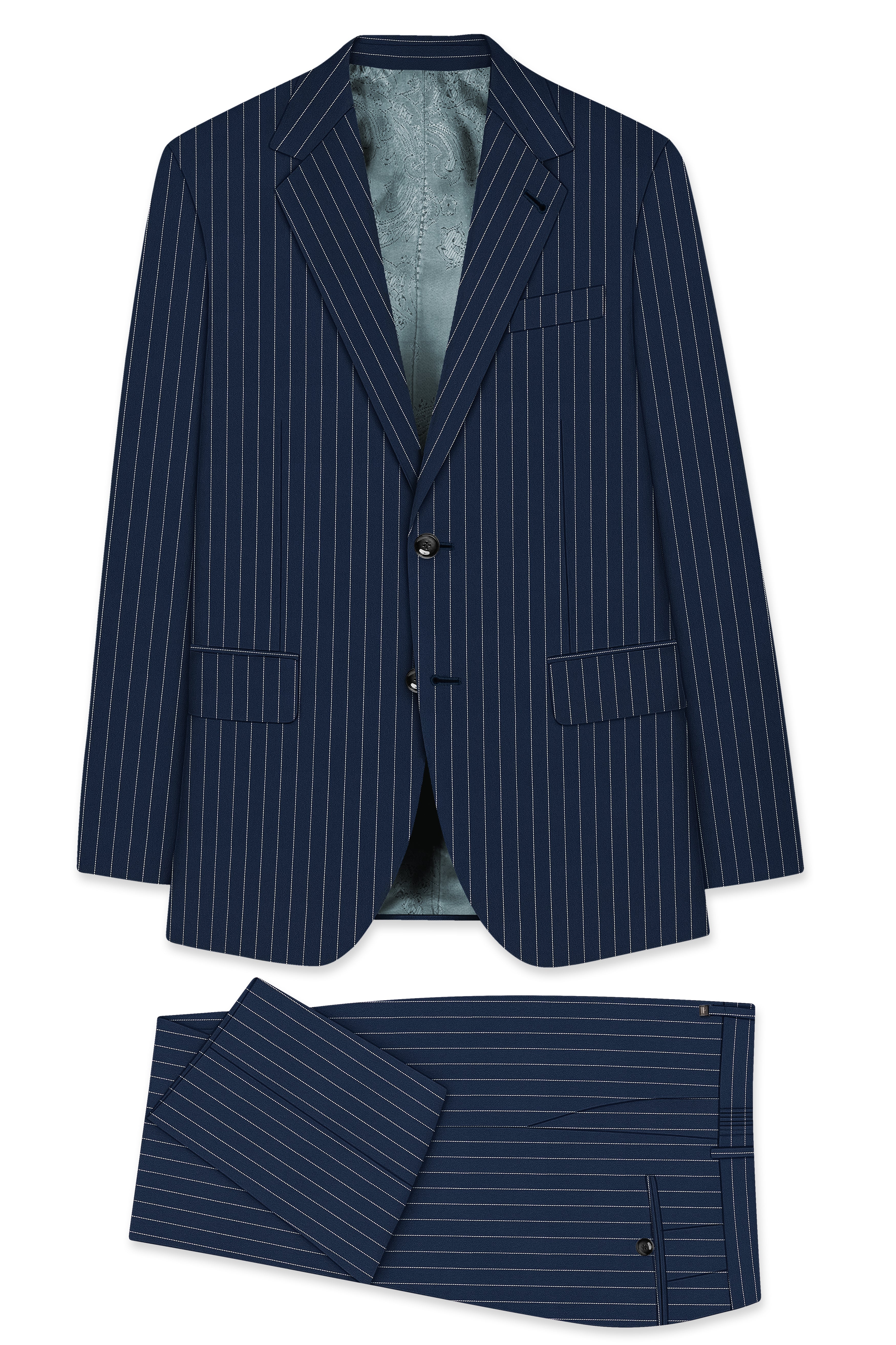 Veritus-Zodiac Blue And Bright White Chalk Striped Wool Rich Slight Stretch Single Breasted Suit