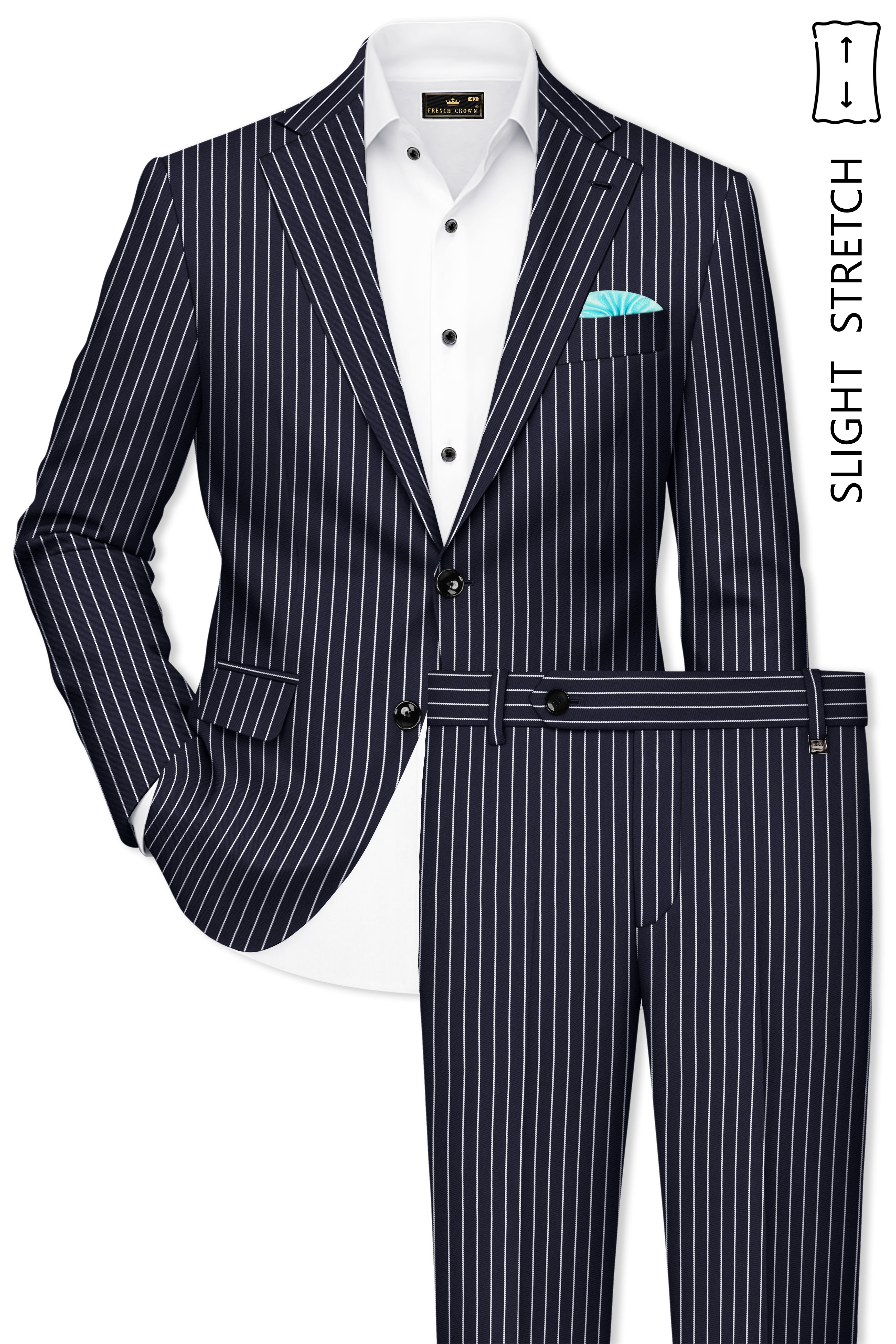 Maris-Baltic Sea Blue And Bright White Chalk Striped Wool Rich Slight Stretch Single Breasted Suit