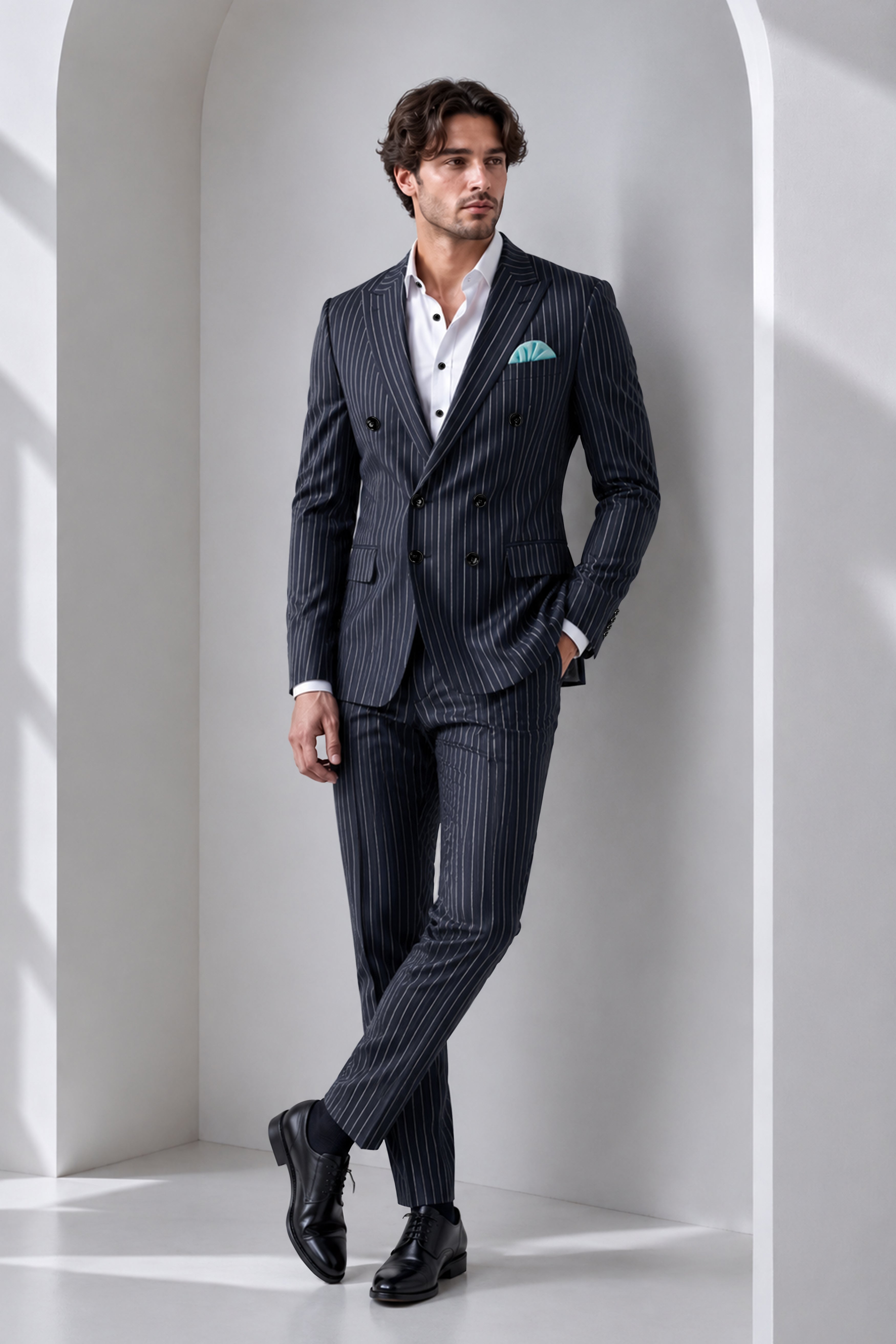 Maris-Baltic Sea Blue And Bright White Chalk Striped Wool Rich Slight Stretch Single Breasted Suit