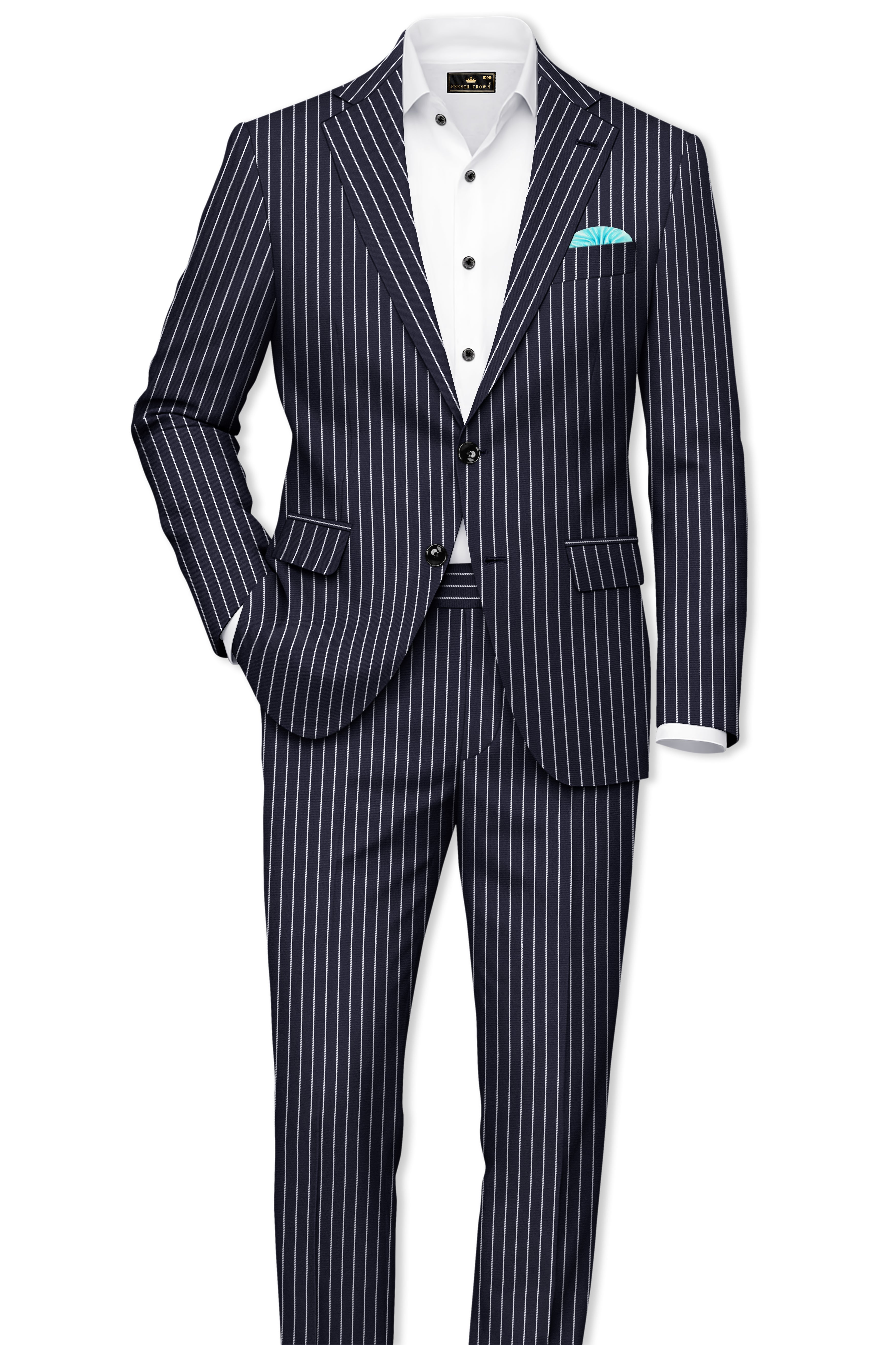 Maris-Baltic Sea Blue And Bright White Chalk Striped Wool Rich Slight Stretch Single Breasted Suit