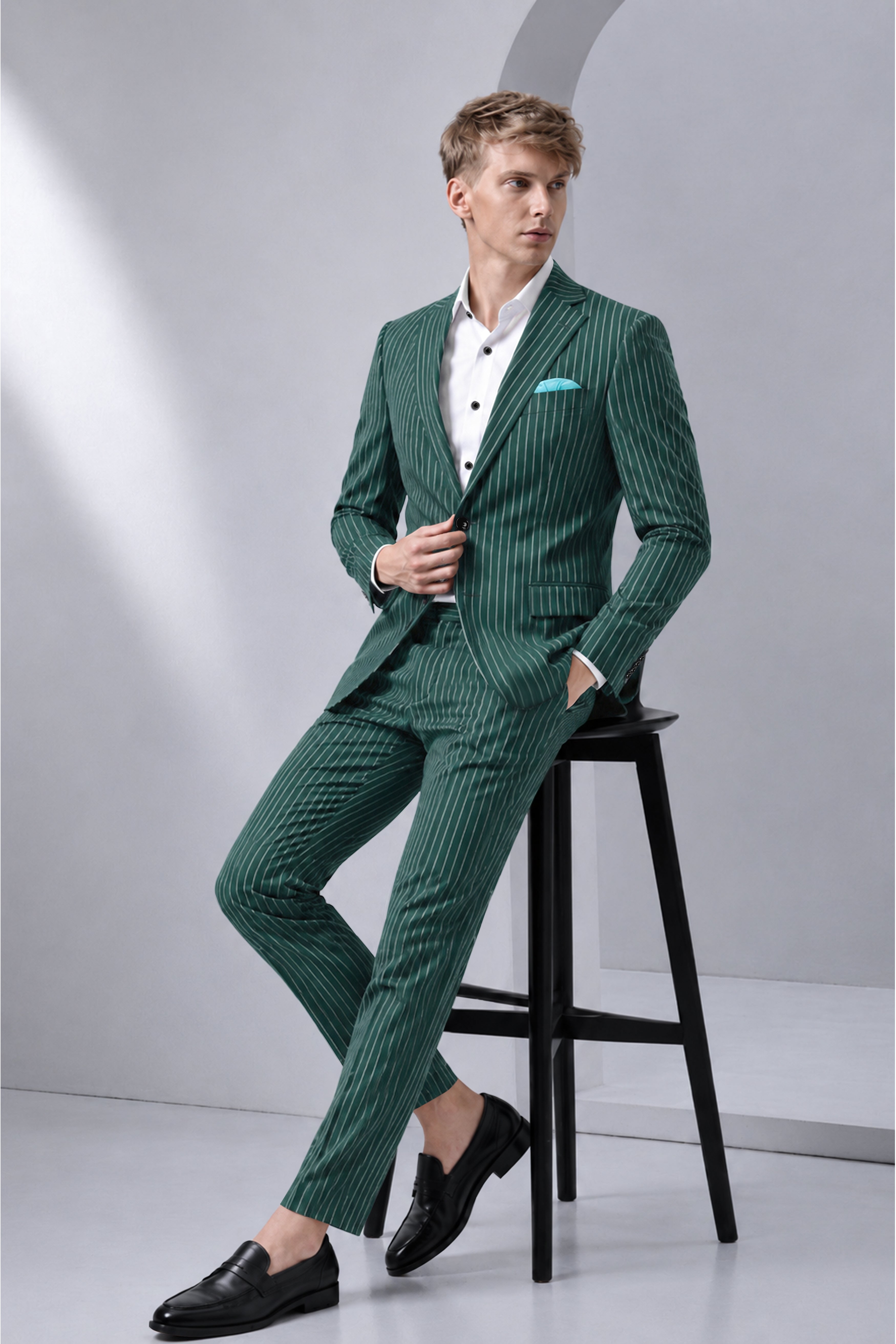 Forenza-Jungle Green And Bright White Chalk Striped Wool Rich Slight Stretch Single Breasted Suit