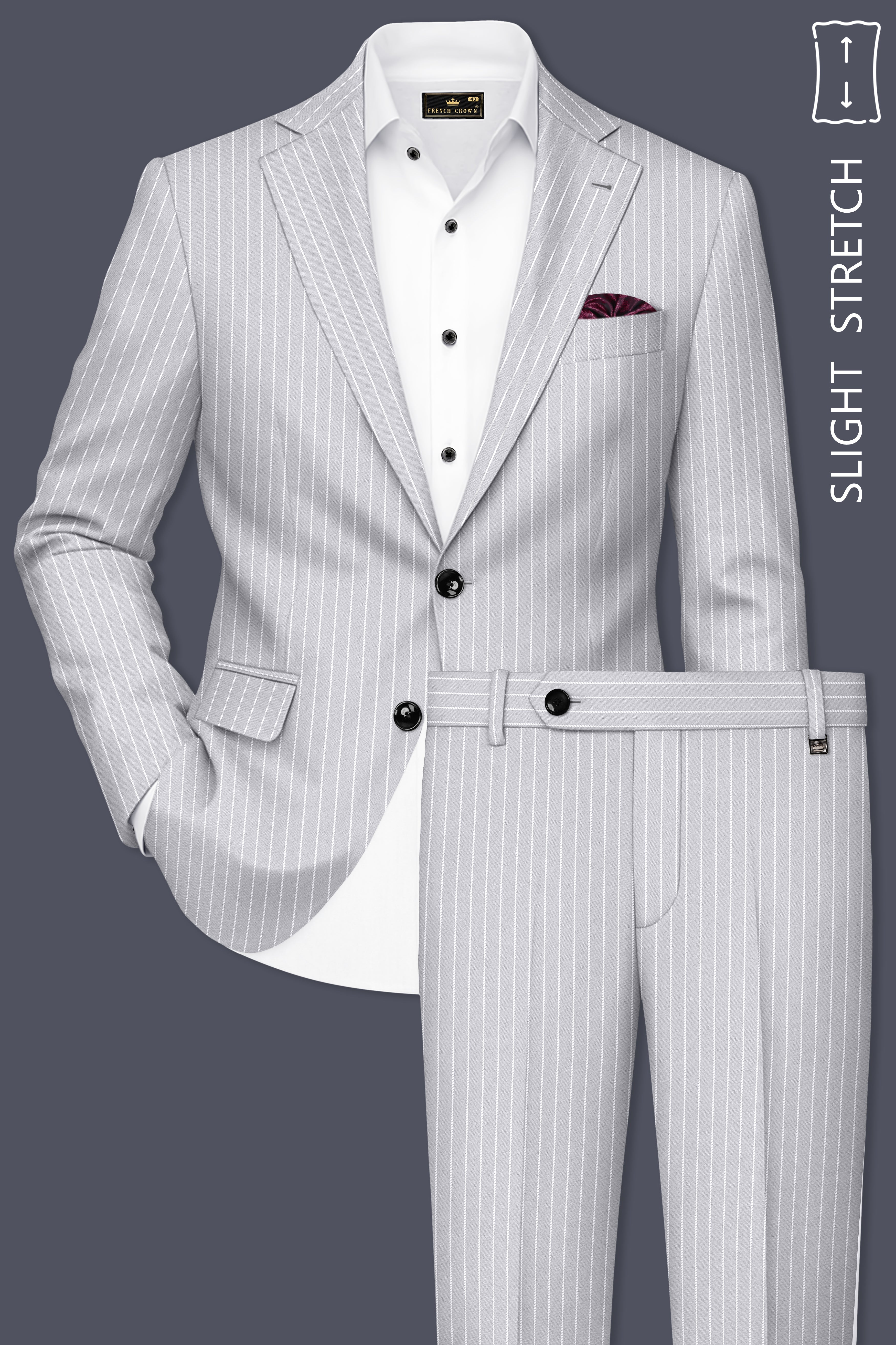 Sterlan-Goose Gray And Bright White Chalk Striped Wool Rich Slight Stretch Single Breasted Suit