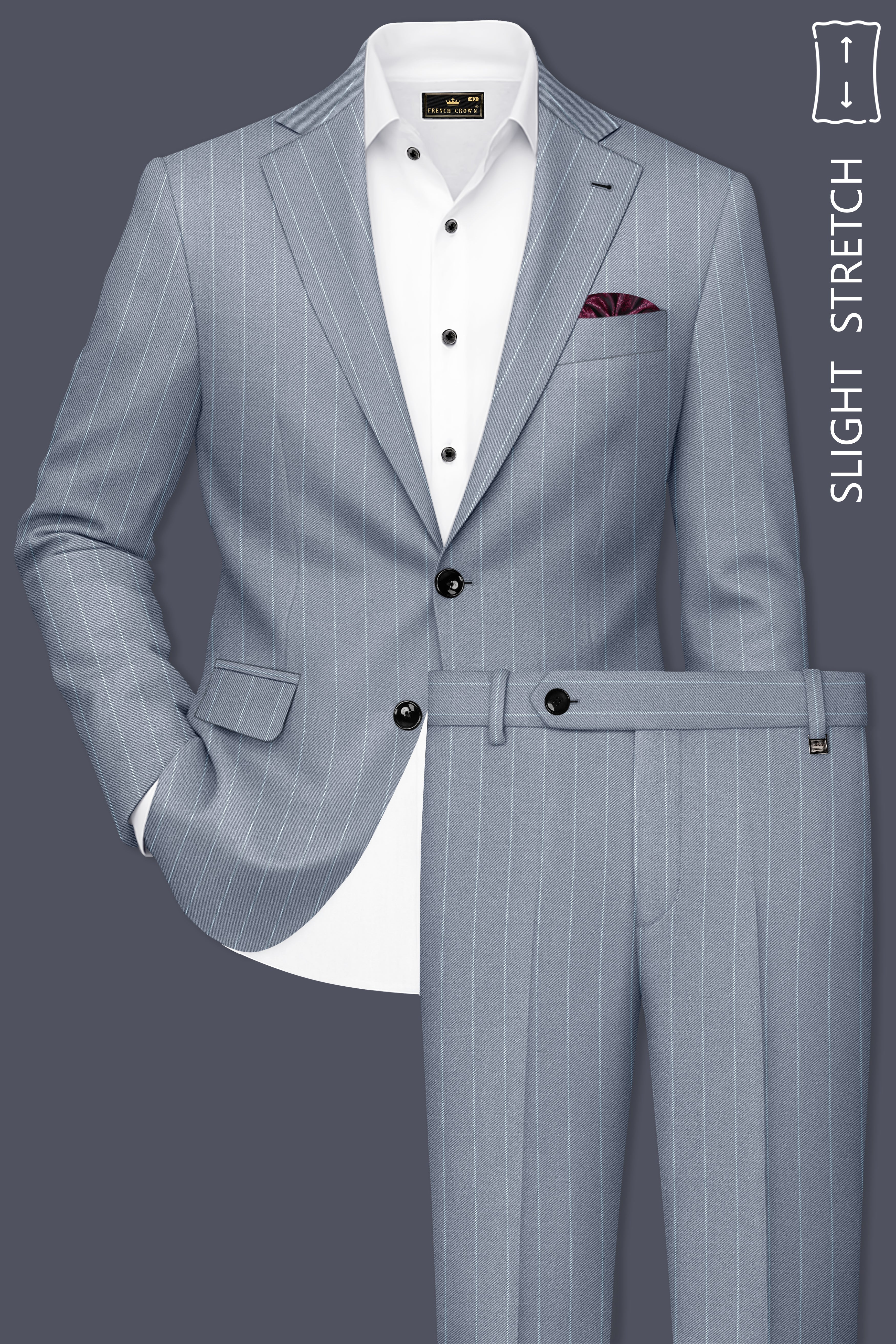 Prestige-Regent Gray And Bright White Chalk Striped Wool Rich Slight Stretch Single Breasted Suit