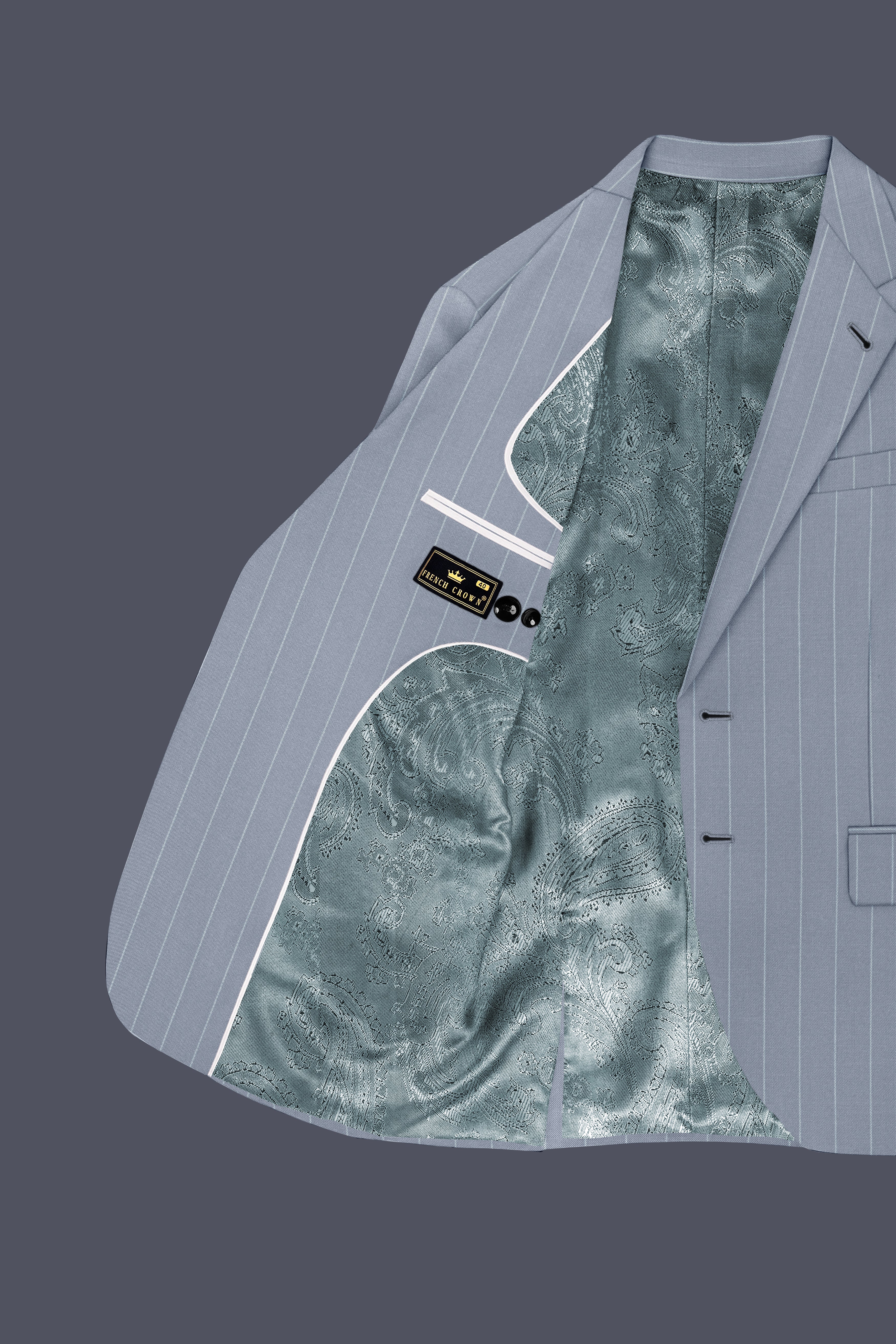 Prestige-Regent Gray And Bright White Chalk Striped Wool Rich Slight Stretch Single Breasted Suit