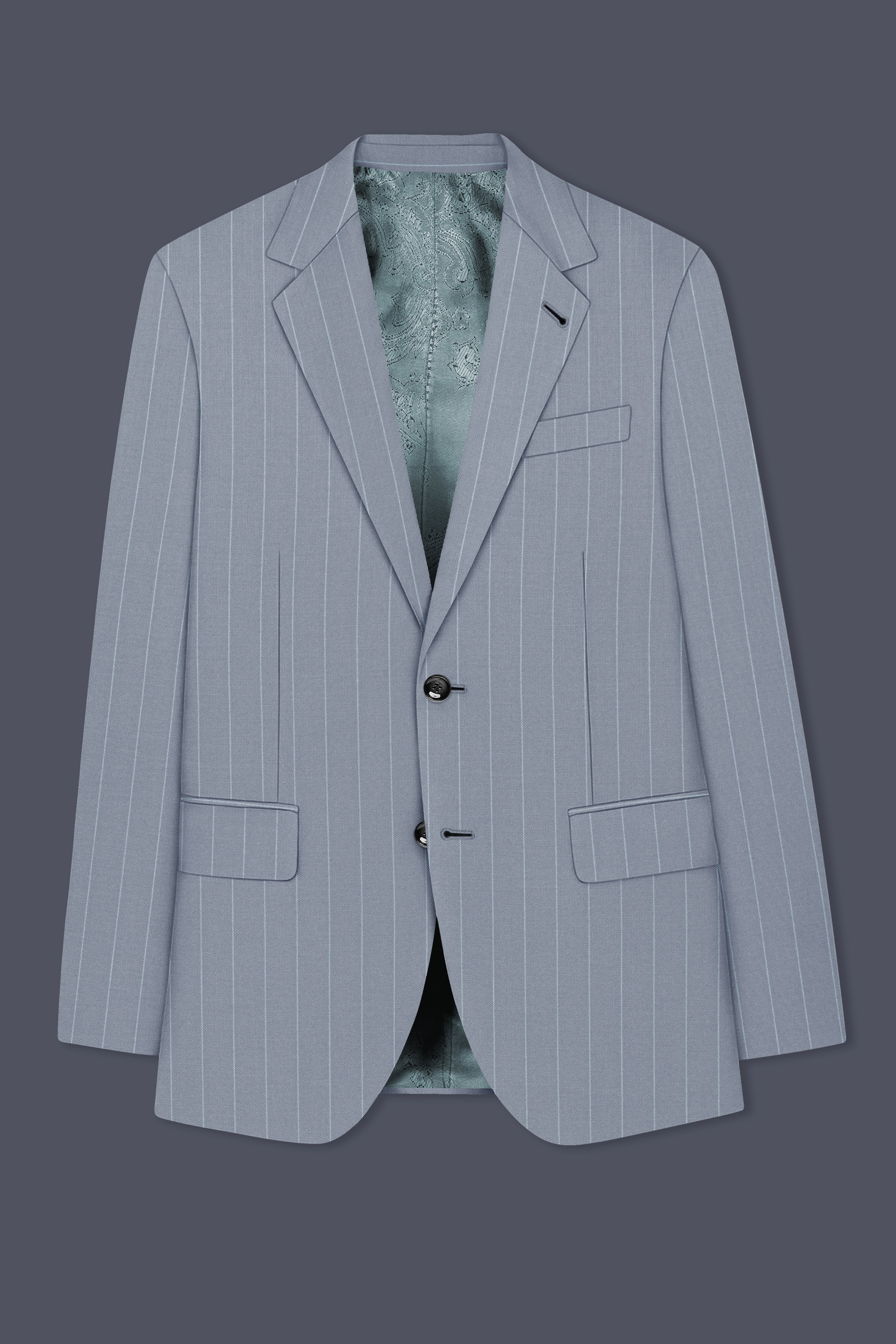 Prestige-Regent Gray And Bright White Chalk Striped Wool Rich Slight Stretch Single Breasted Suit
