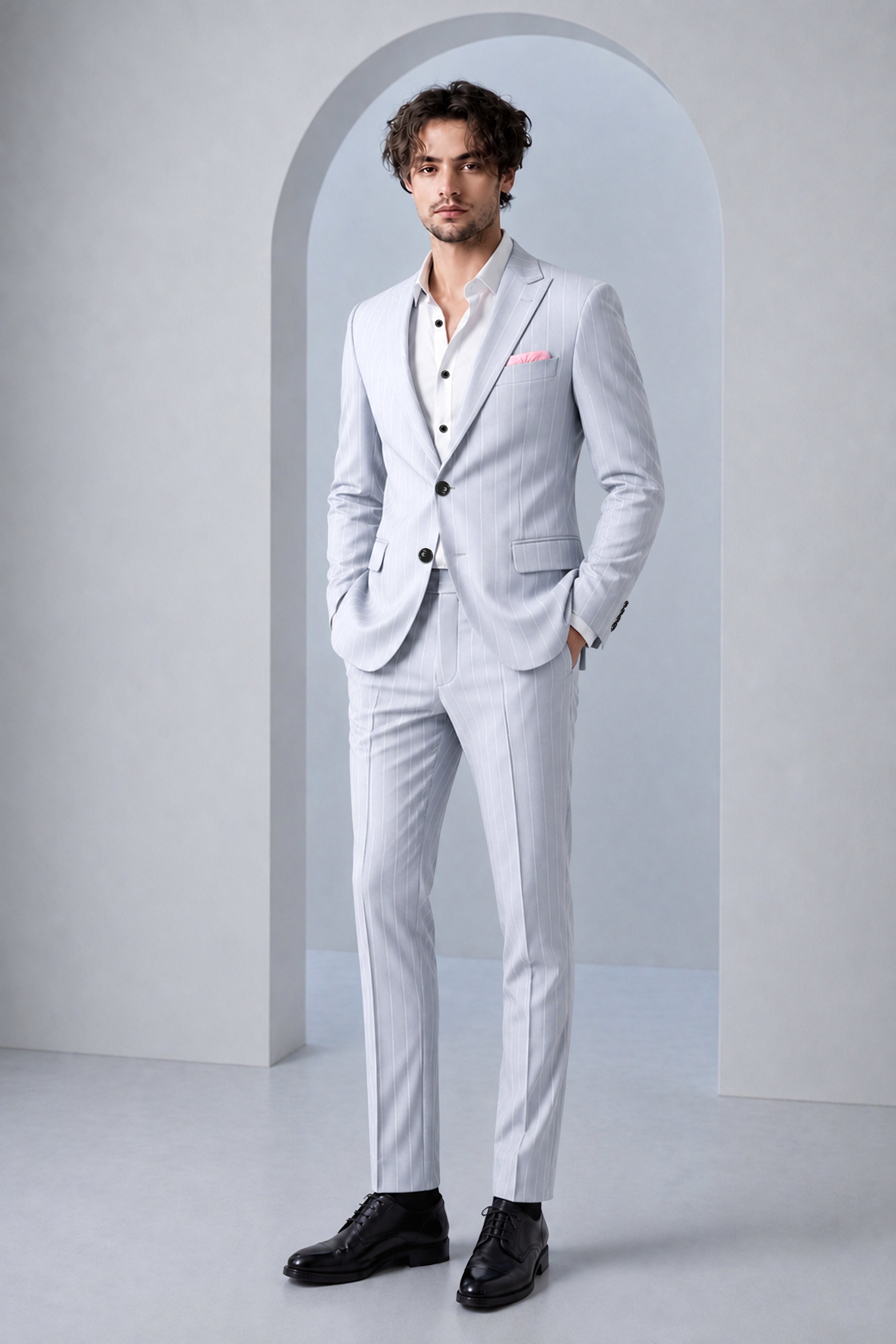 Axiom-Loblolly Gray And Bright White Chalk Striped Wool Rich Slight Stretch Single Breasted Suit