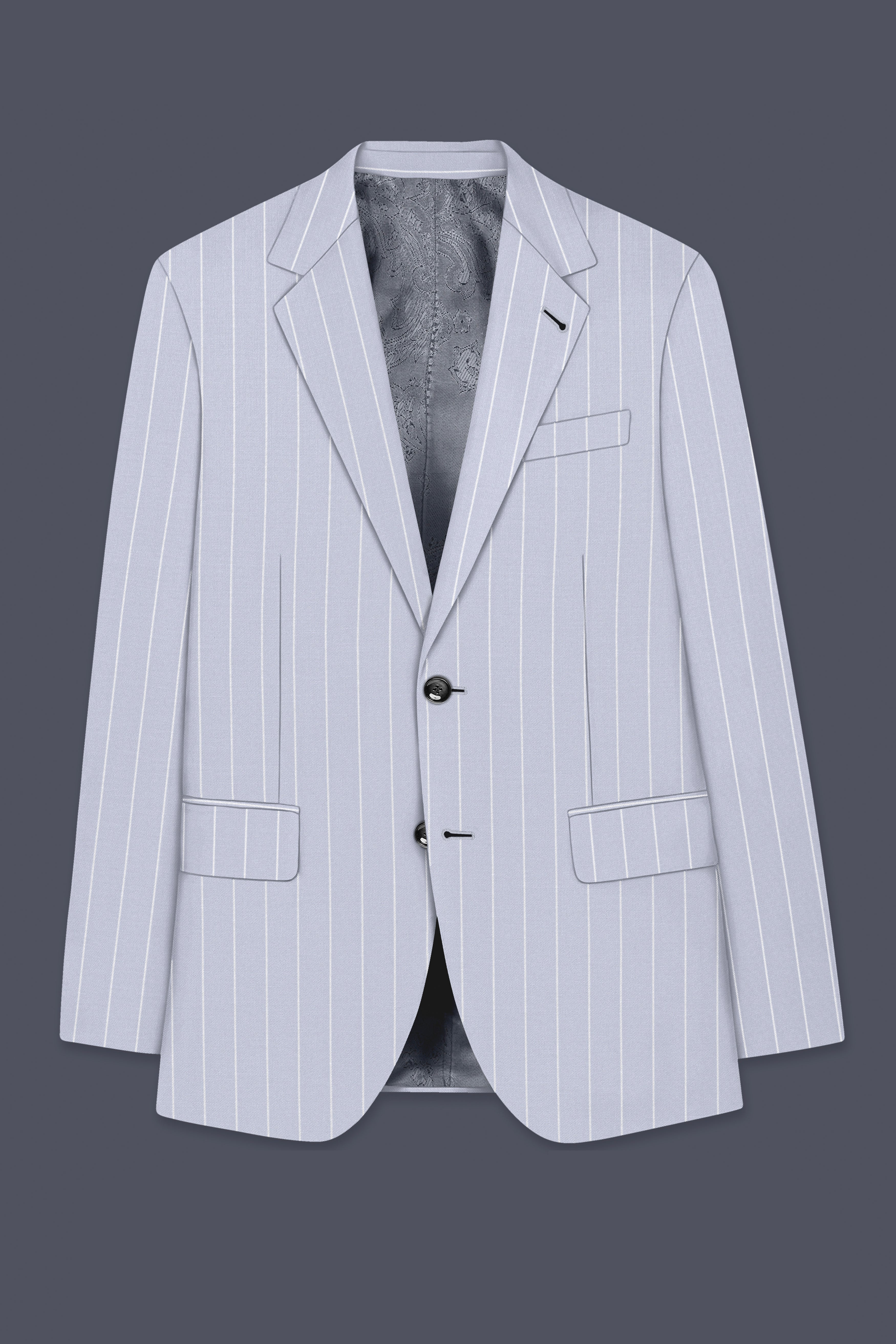 Axiom-Loblolly Gray And Bright White Chalk Striped Wool Rich Slight Stretch Single Breasted Suit