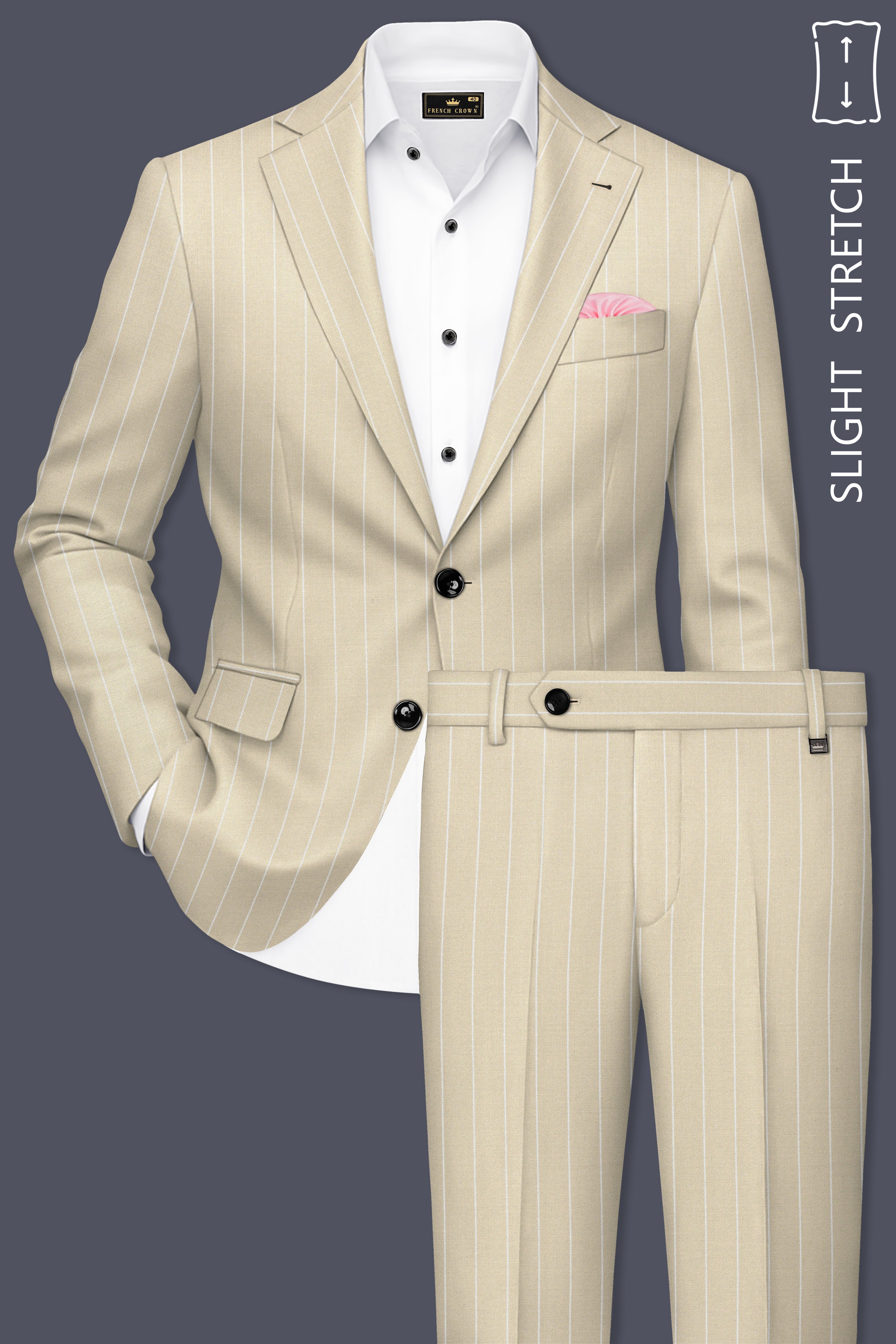 Lumier-Akaroa Cream And Bright White Chalk Striped Wool Rich Slight Stretch Single Breasted Suit