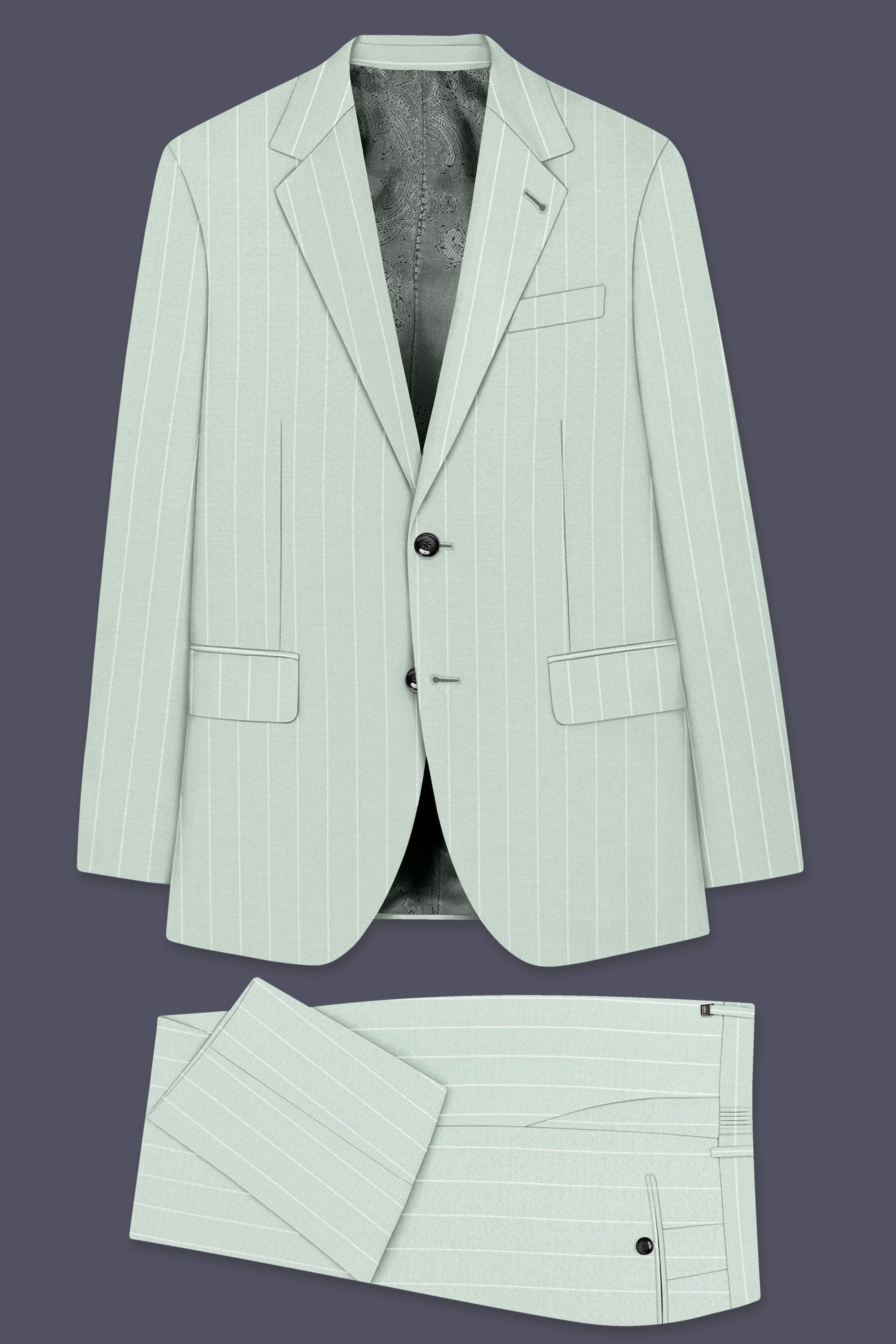 Halcyon-Pale Leaf Green And Bright White Chalk Striped Wool Rich Slight Stretch Single Breasted Suit