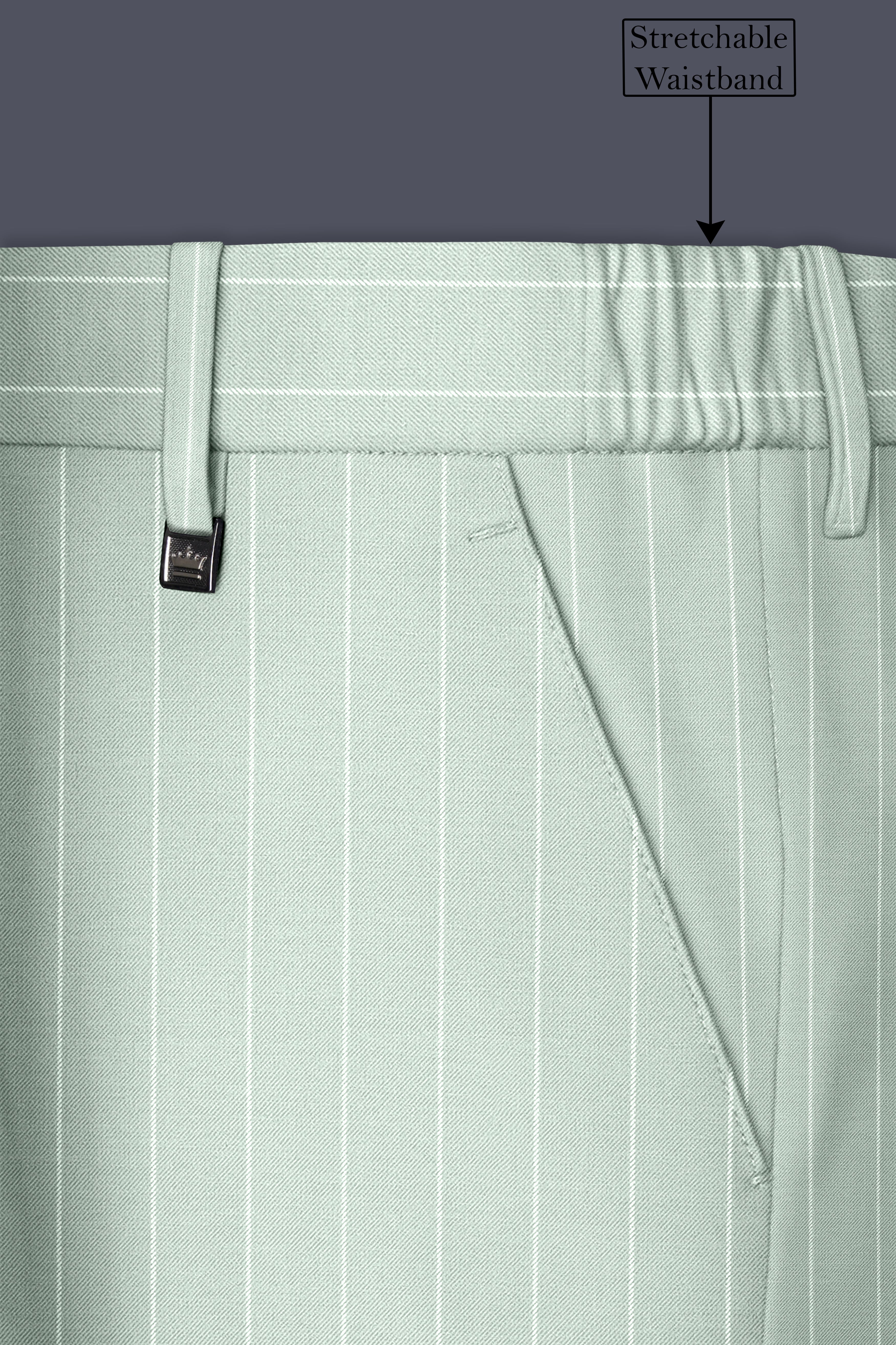 Halcyon-Pale Leaf Green And Bright White Chalk Striped Wool Rich Slight Stretch Single Breasted Suit