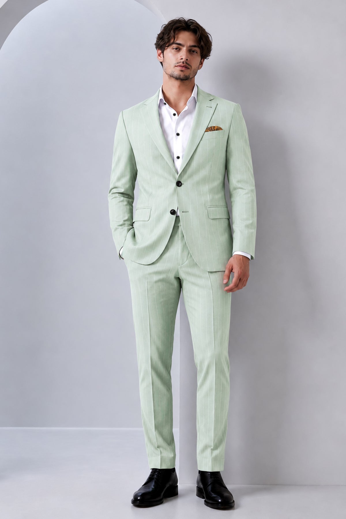 Halcyon-Pale Leaf Green And Bright White Chalk Striped Wool Rich Slight Stretch Single Breasted Suit