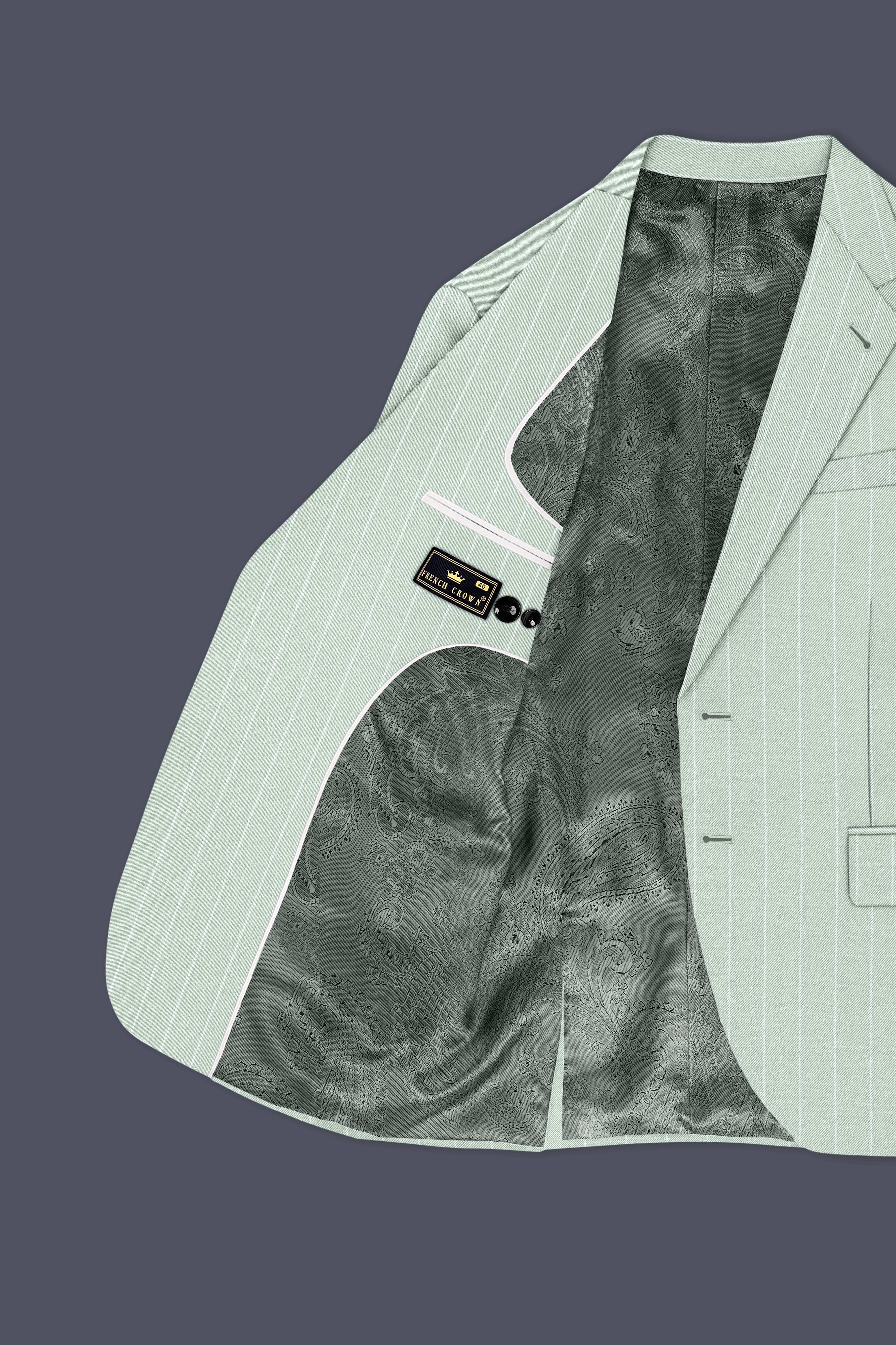 Halcyon-Pale Leaf Green And Bright White Chalk Striped Wool Rich Slight Stretch Single Breasted Suit